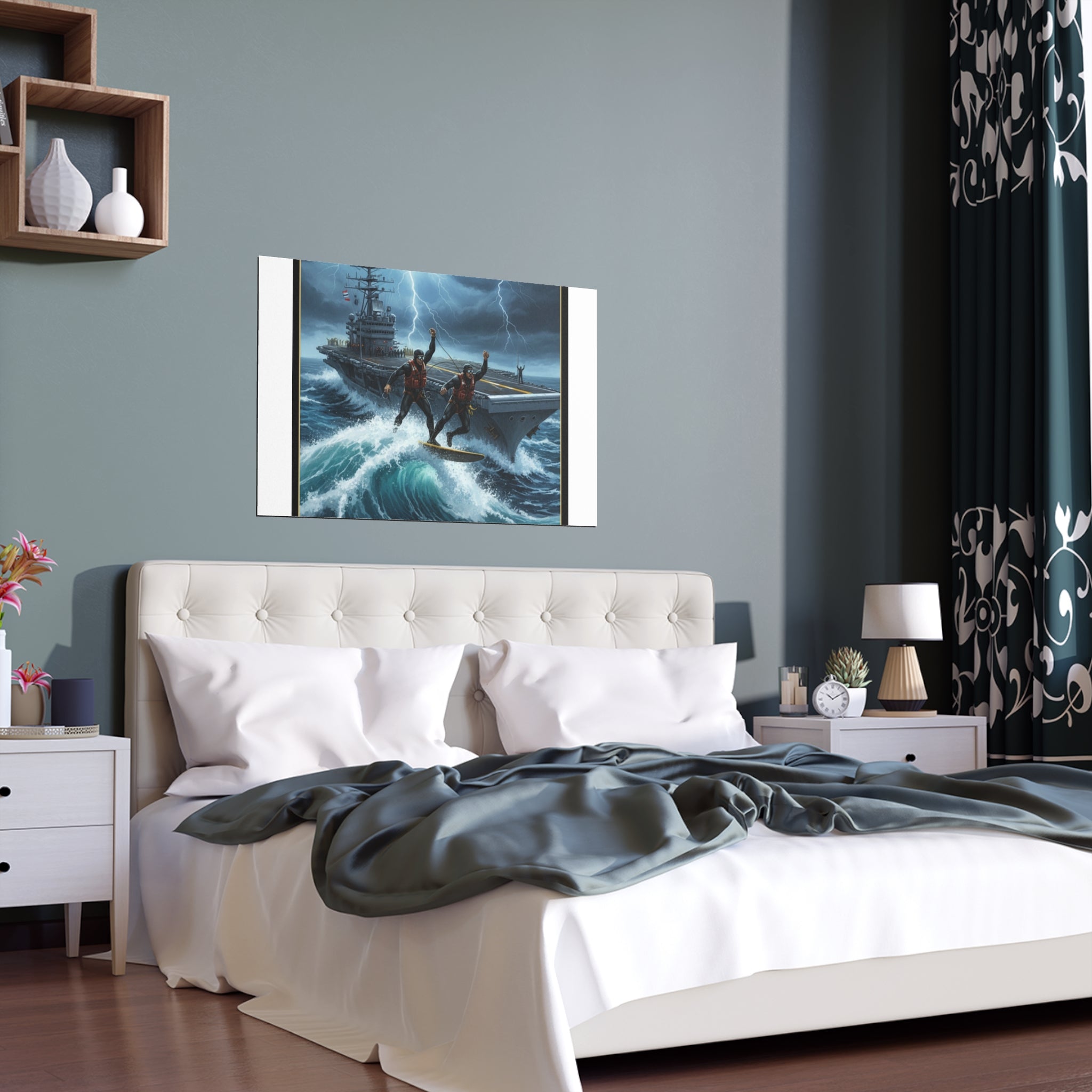 Navy Storm Surfing Silk Poster — Military Aircraft Carrier Art Print (Indoor/Outdoor)