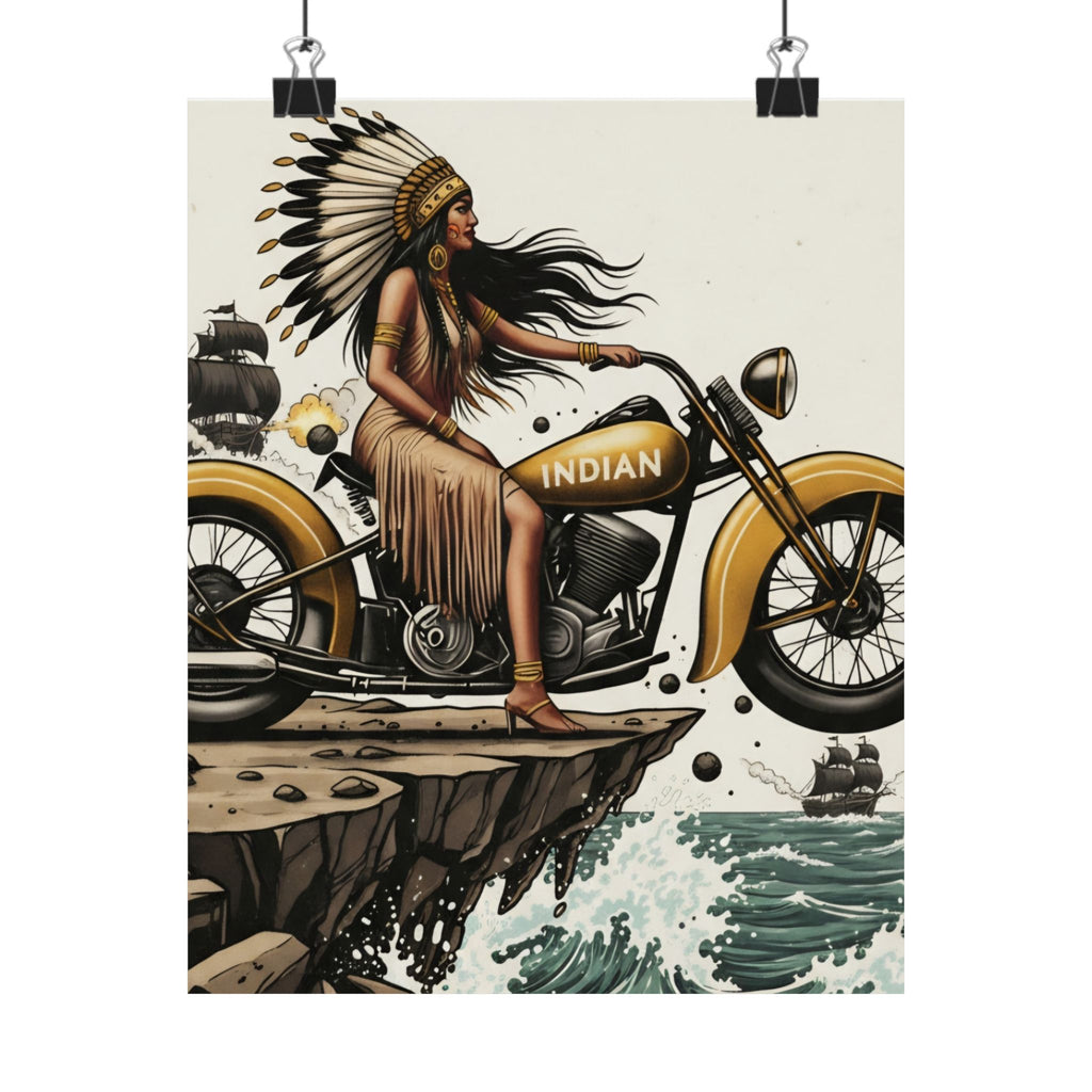Vintage Indian Motorcycle Poster — Native Rider Matte Vertical Art Print