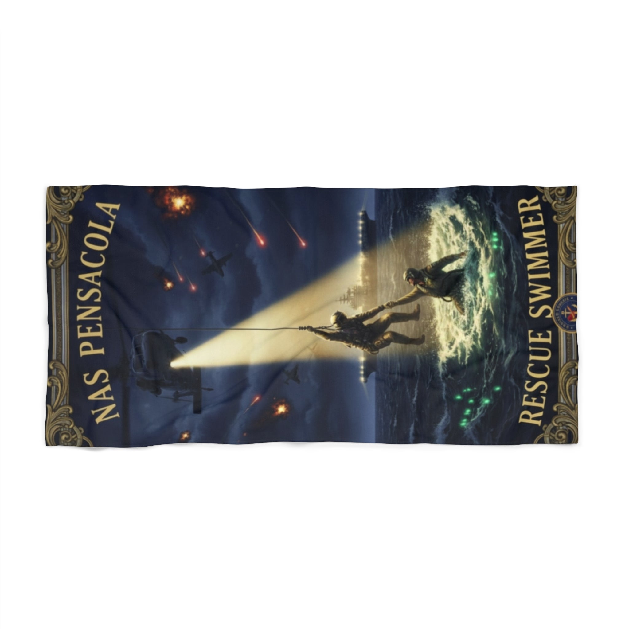NAS Pensacola Rescue Swimmer Beach Towel — Nautical Military Life-Saver Design