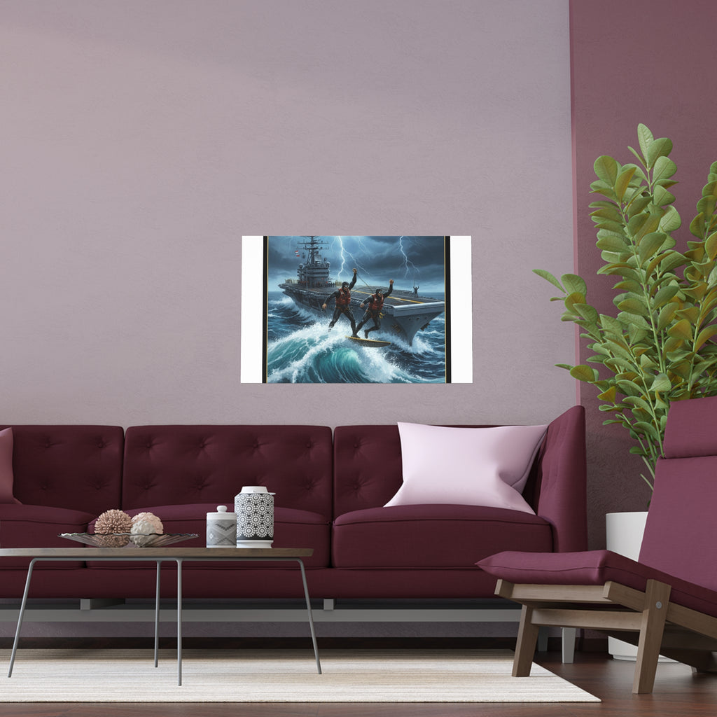 Navy Storm Surfing Silk Poster — Military Aircraft Carrier Art Print (Indoor/Outdoor)