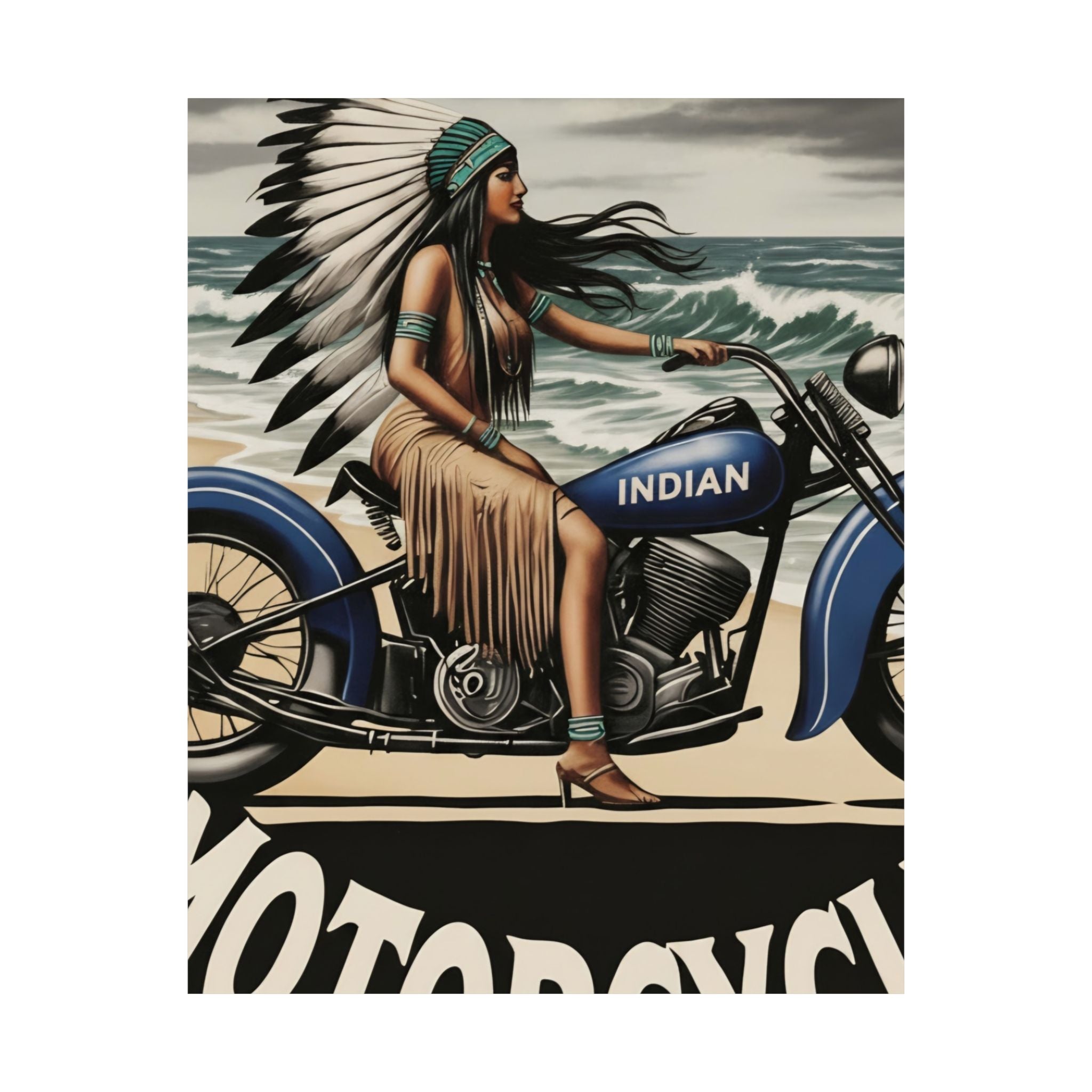 Vintage Motorcycle Poster — Native American Woman on Bike Matte Vertical Print