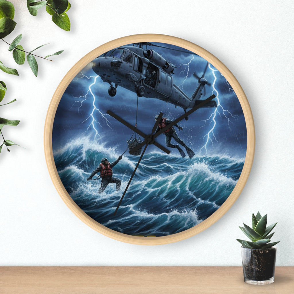 Rescue Helicopter Storm Wall Clock — Search & Rescue Ocean Scene