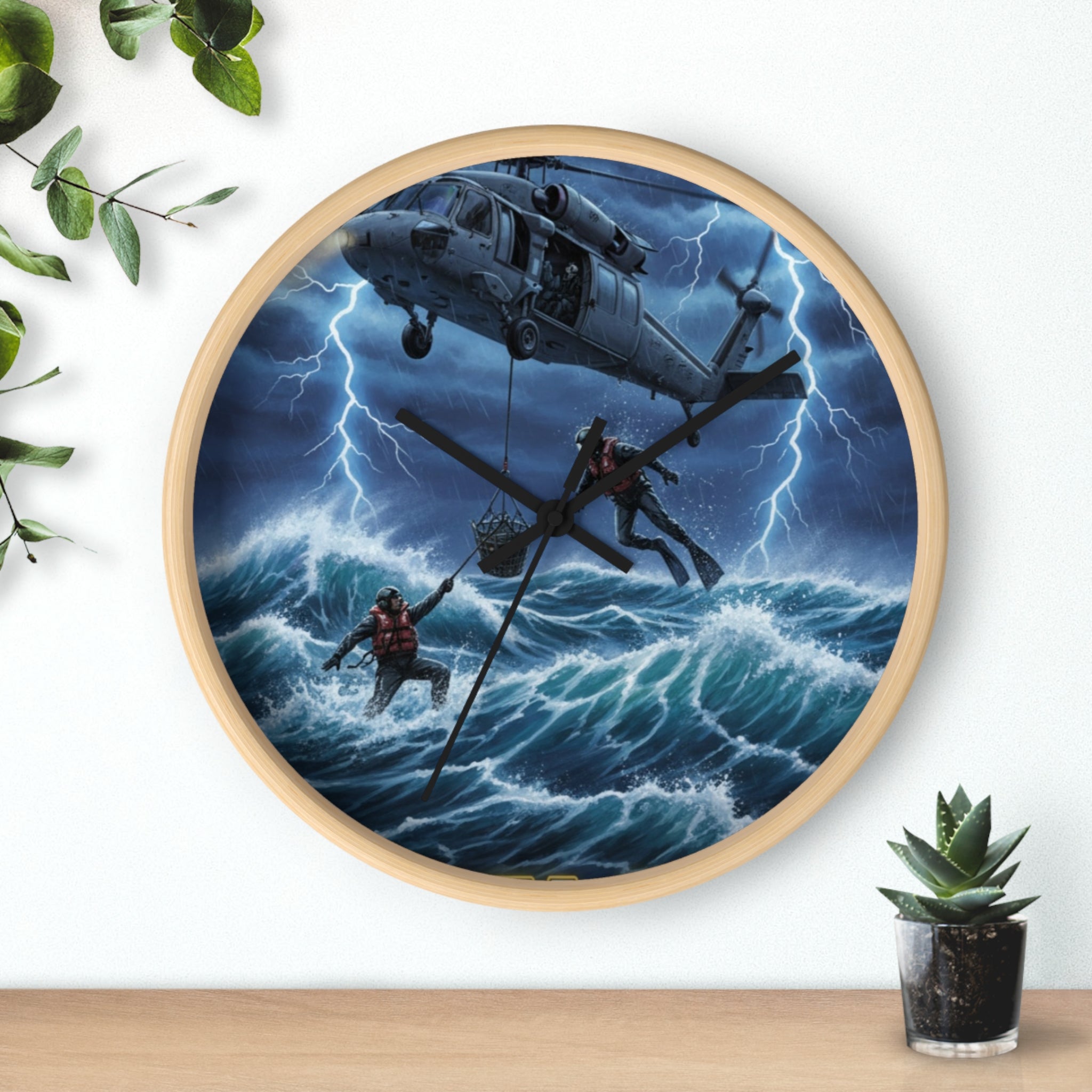 Rescue Helicopter Storm Wall Clock — Search & Rescue Ocean Scene