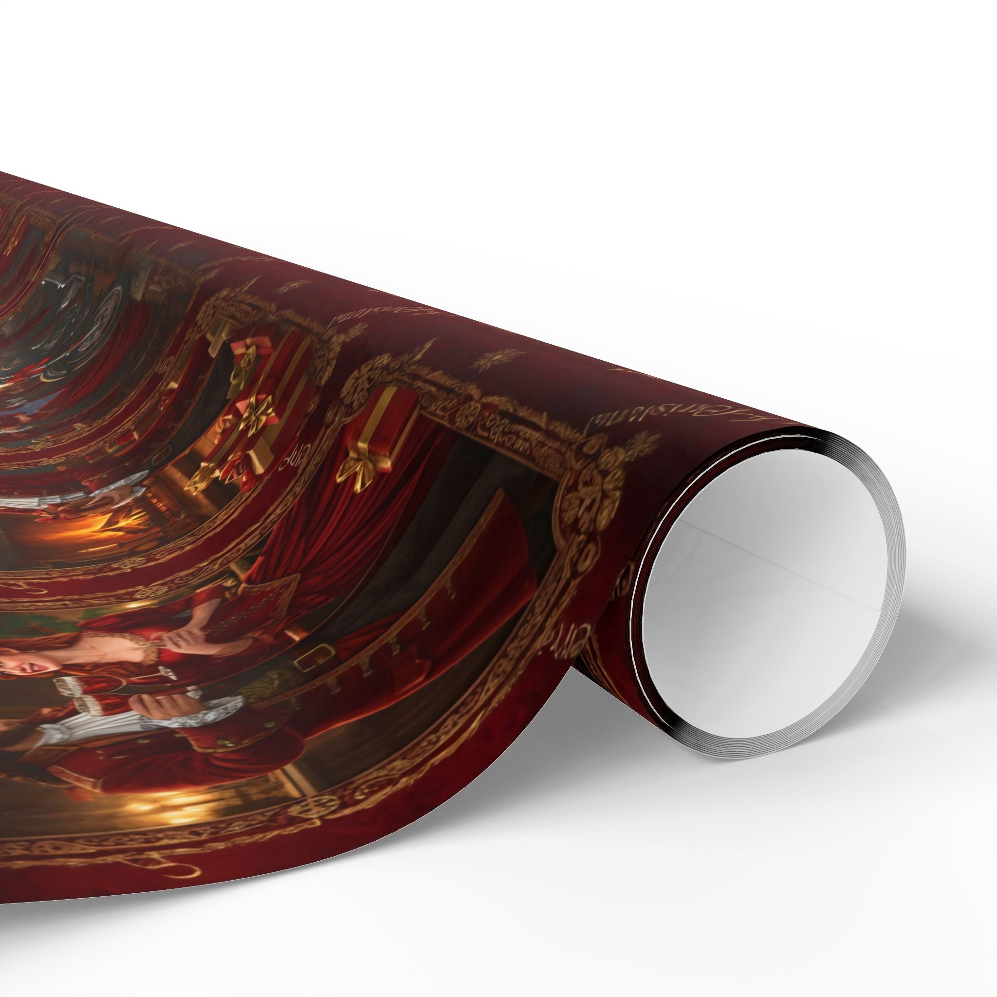 Wrapping Paper Roll — Vintage Holiday Sleigh & Ornament Pattern (Red & Gold)