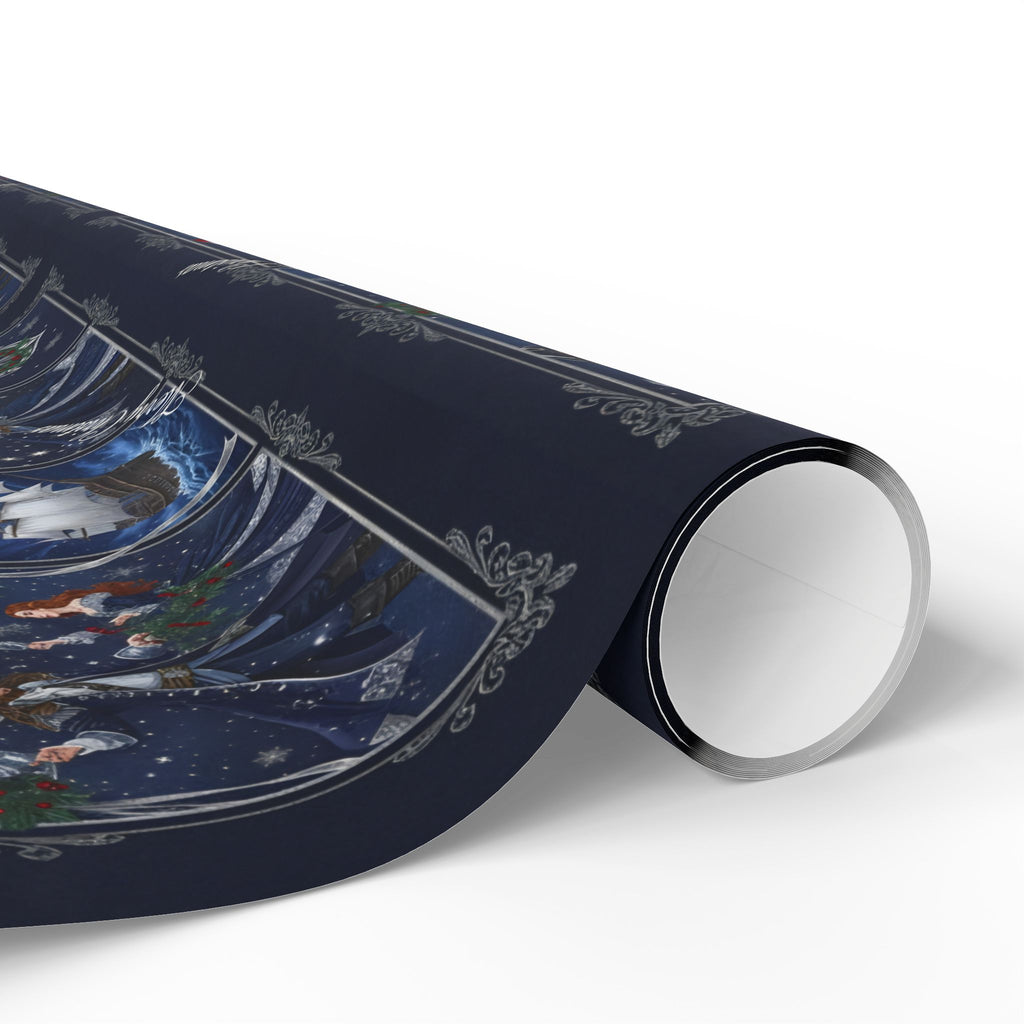 Wrapping Paper - Festive Navy Holiday Scene Gift Wrap (Snow, Sleigh, Night Sky)