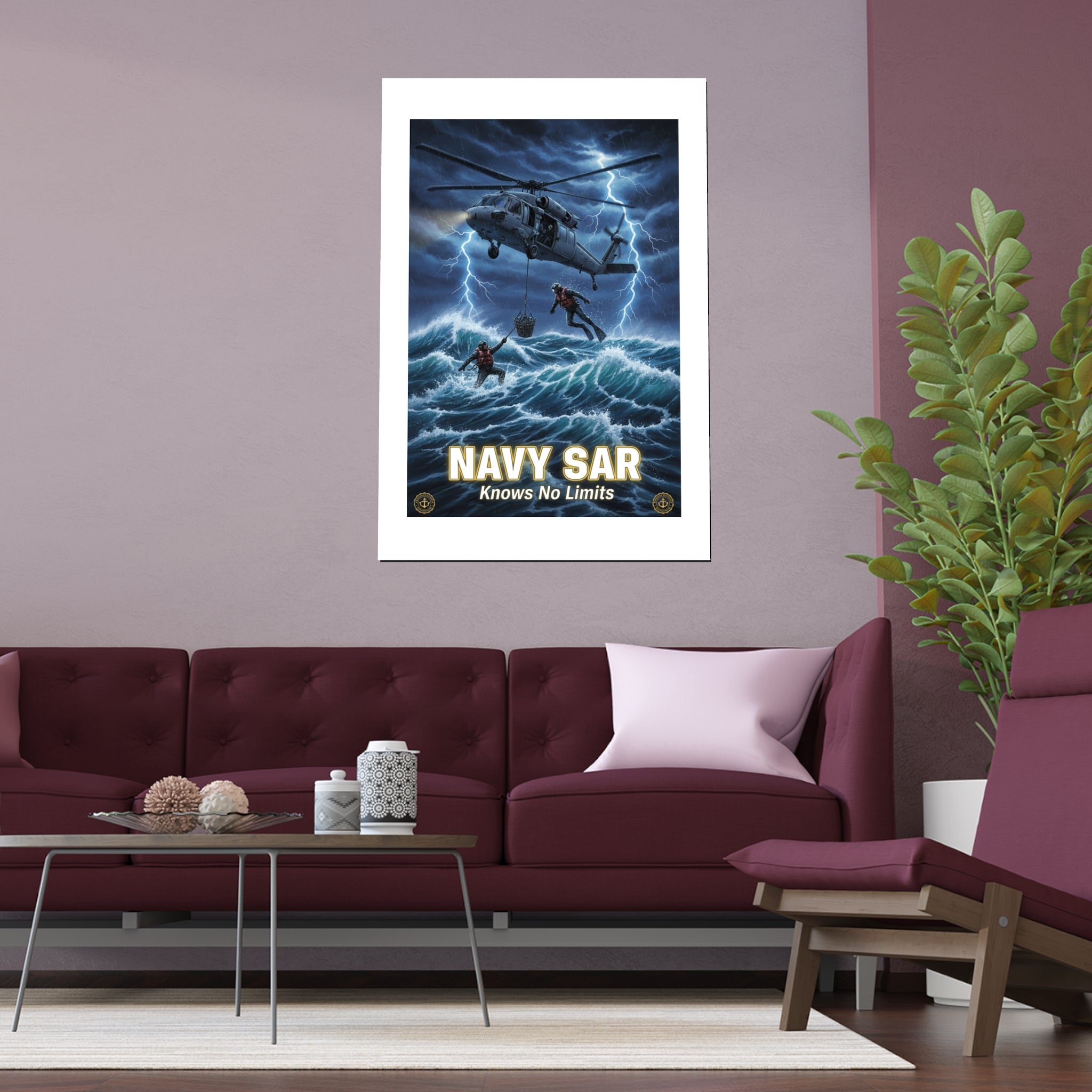 Navy SAR Silk Poster — "Knows No Limits" Rescue Helicopter Art (Indoor/Outdoor)