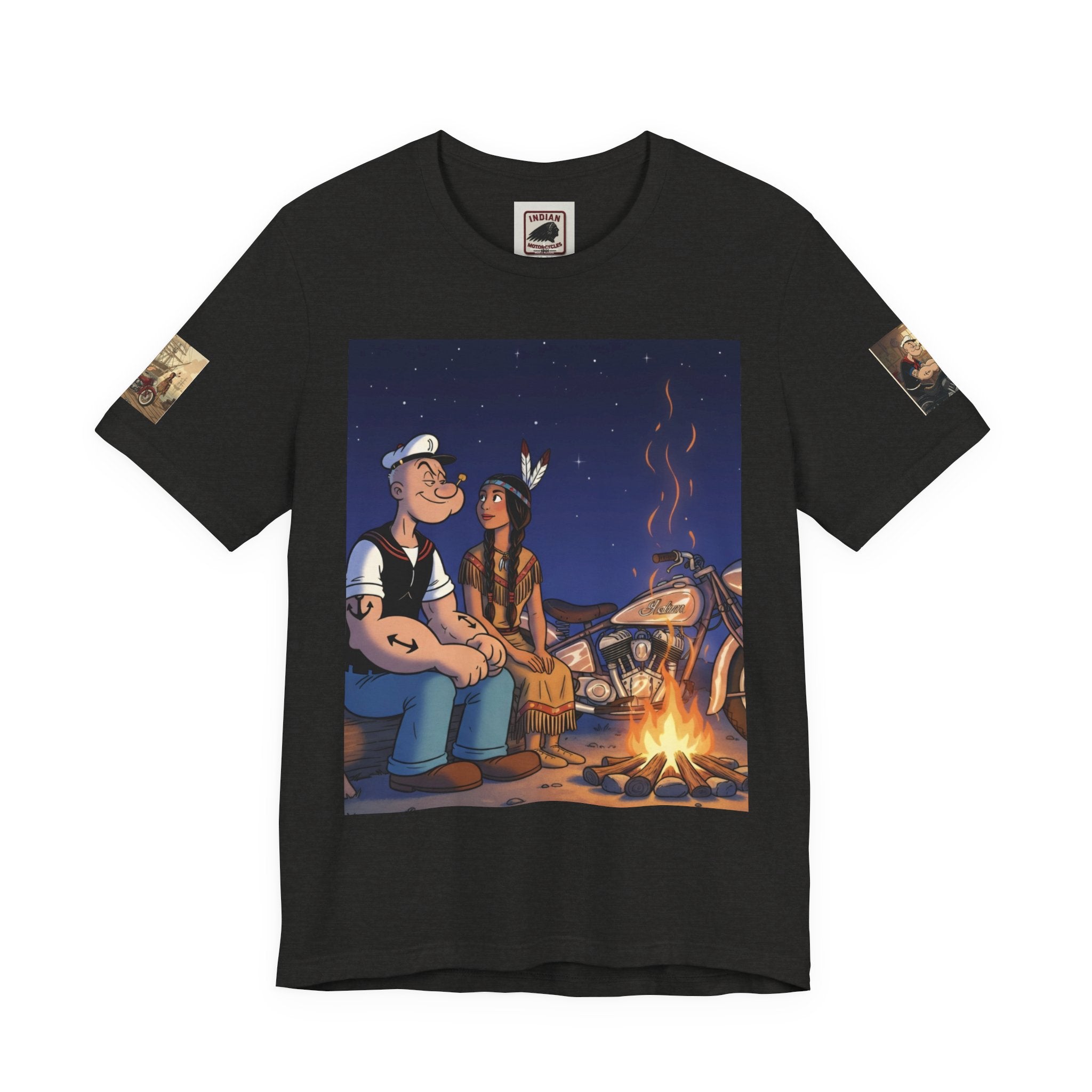 Popeye & Olive Adventure Tee — Vintage Motorcycle Campfire Graphic T-Shirt