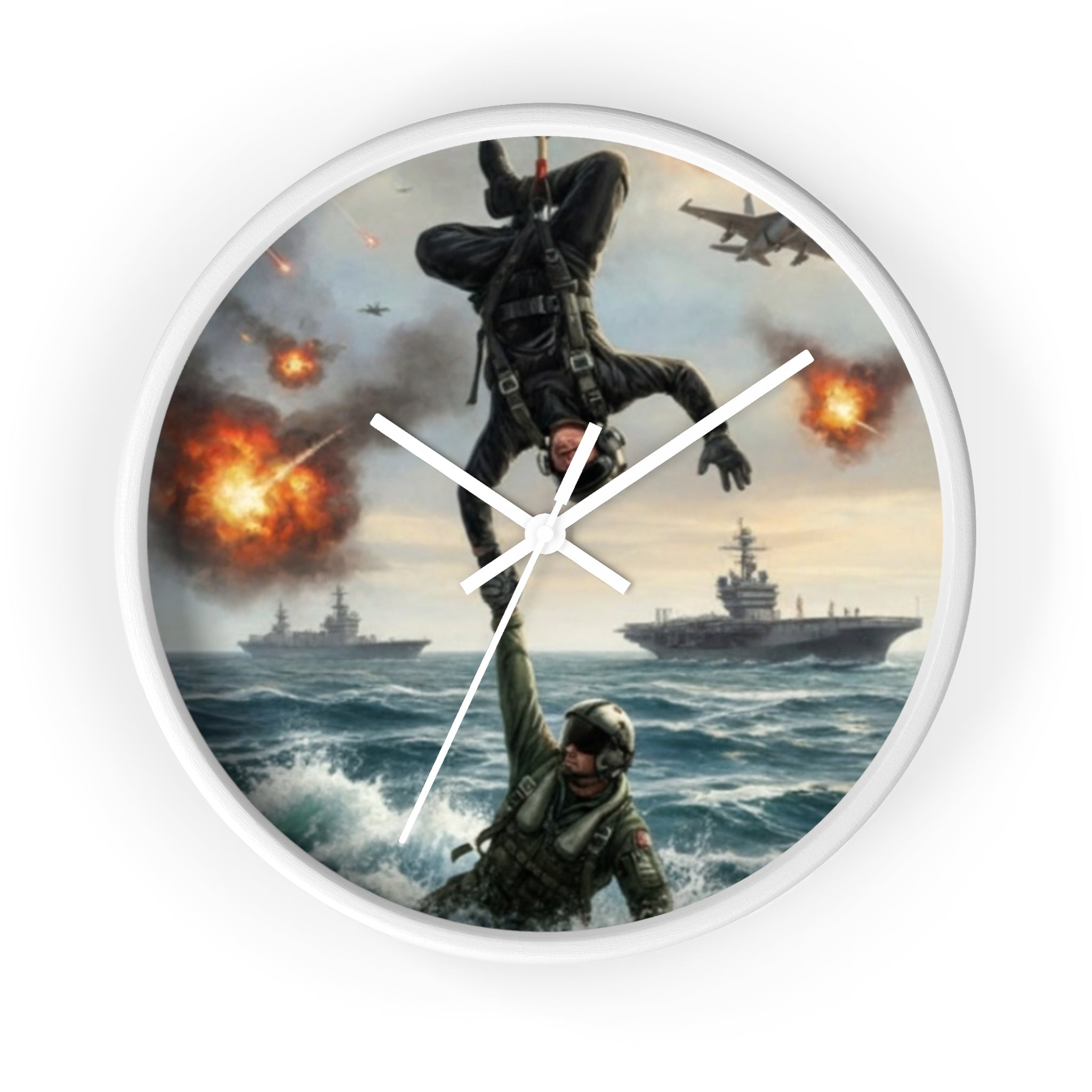 Military Rescue Wall Clock — Navy Helicopter & Sailor Action Scene