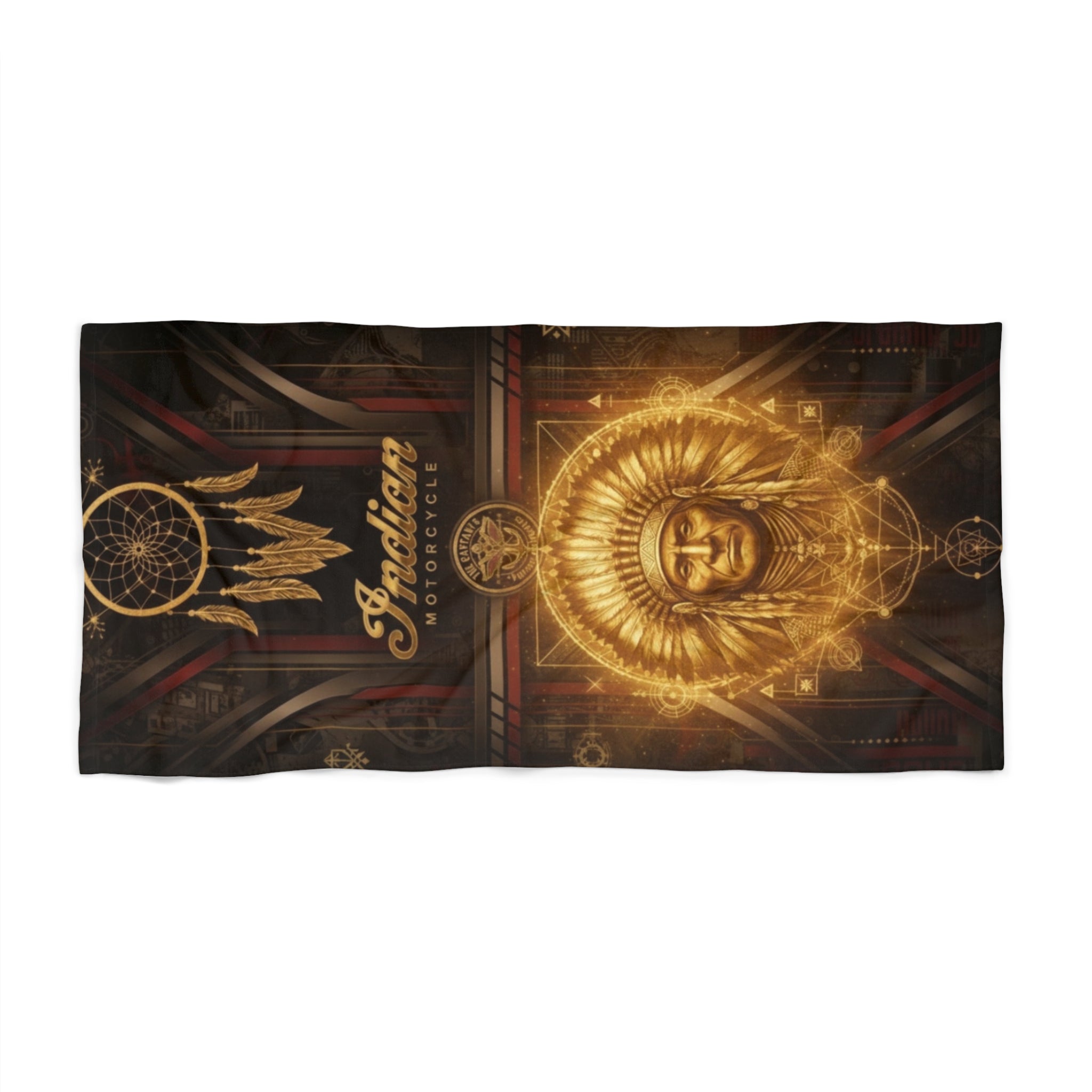 Indian Motorcycle Inspired Golden Chief Beach Towel with Dreamcatcher Design