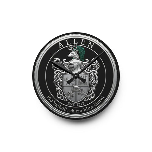 Allen Family Crest Acrylic Wall Clock — Personalized Celtic Coat of Arms Decor