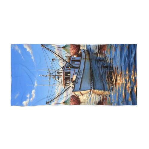 Boat Scene Beach Towel — Nautical Fishing Boat Sunset Design