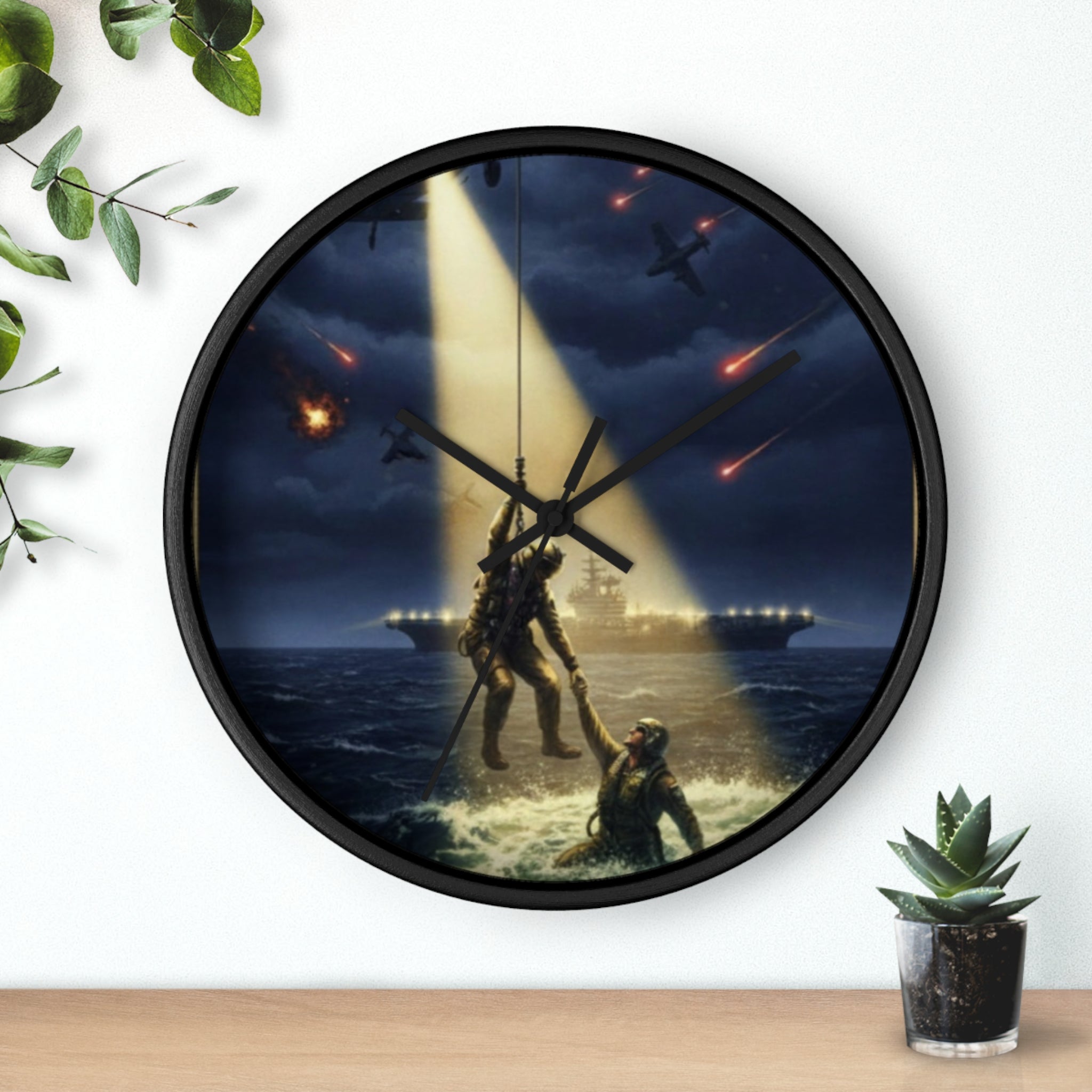 Rescue at Dawn Wall Clock — Military Helicopter Sea Rescue Scene