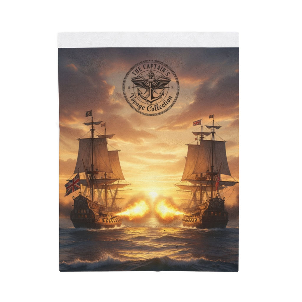 Nautical Battleship Velveteen Plush Blanket – Vintage Pirate Ship Sunset Throw