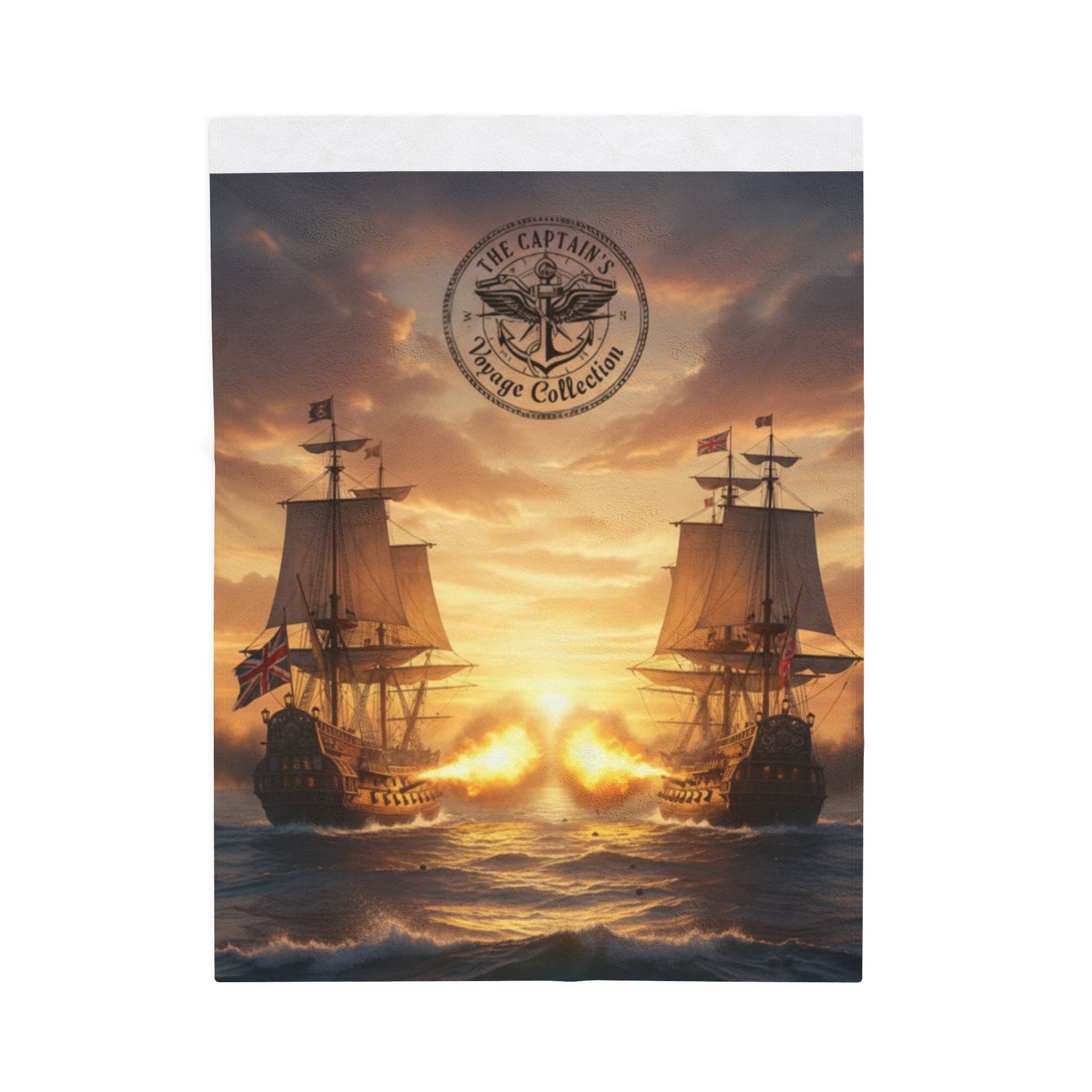 Nautical Battleship Velveteen Plush Blanket – Vintage Pirate Ship Sunset Throw