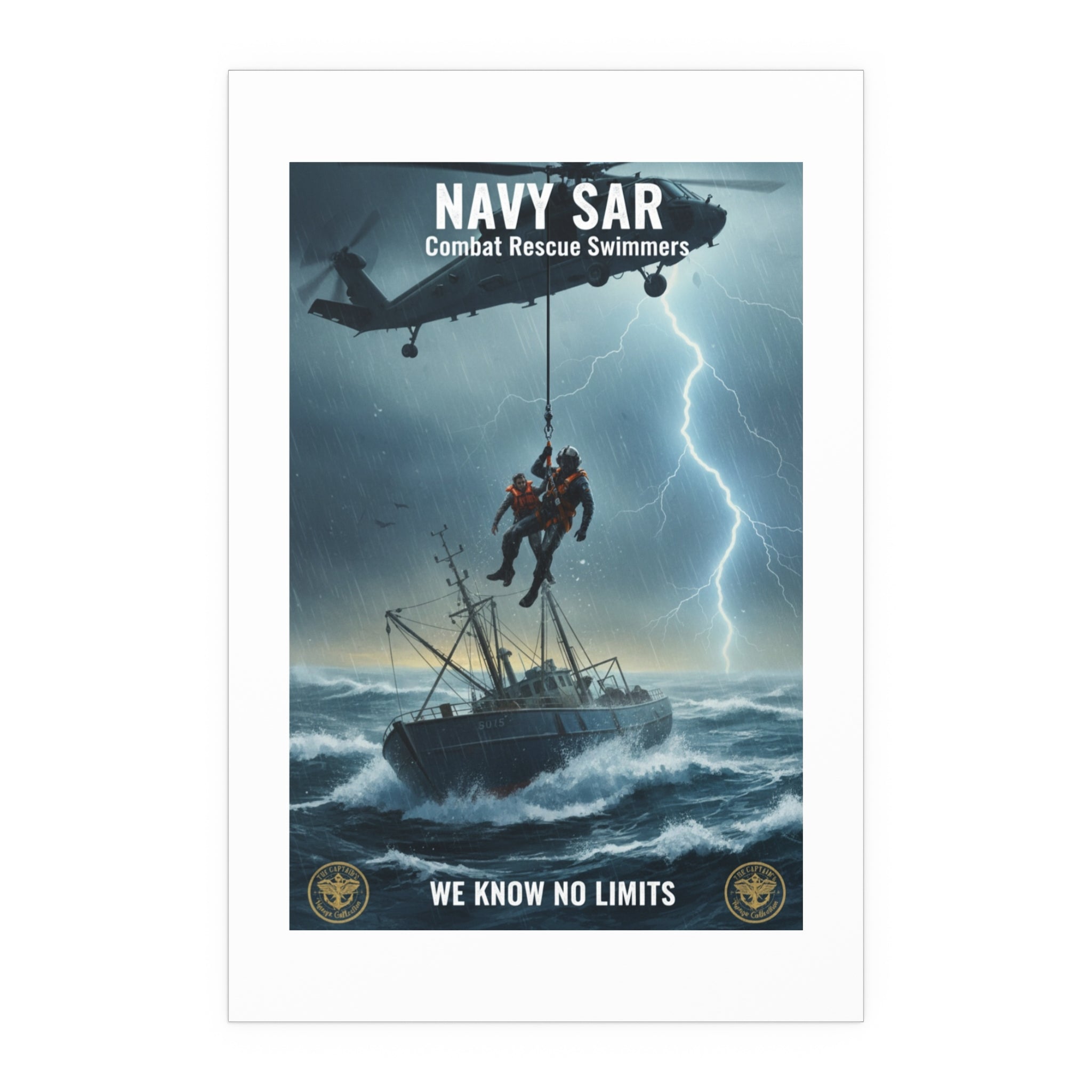 Rescue at Sea Silk Poster — Storm Helicopter Lifesaver Wall Art (Indoor/Outdoor)