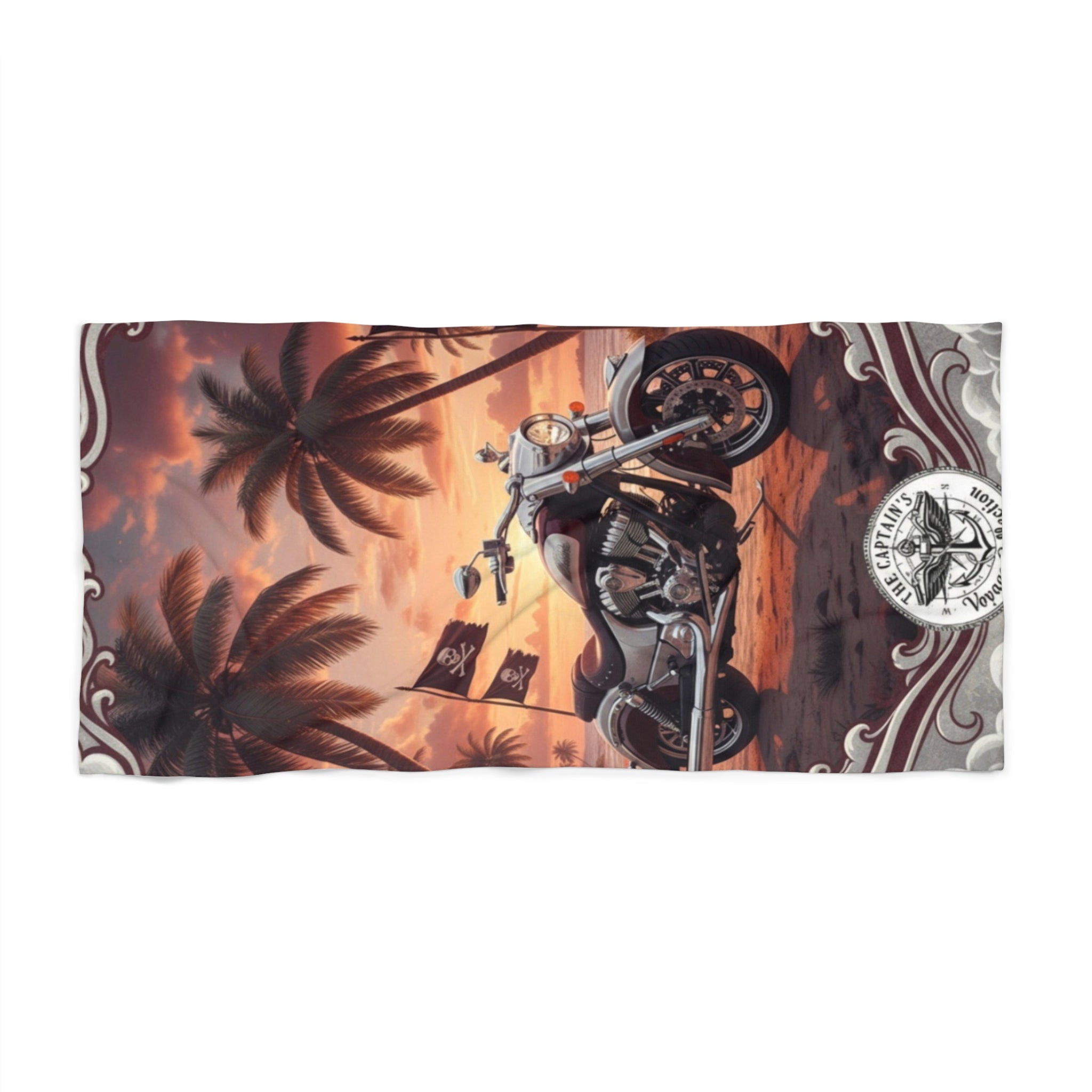 Motorcycle Sunset Beach Towel — Biker Palm Tree Surf Vibes