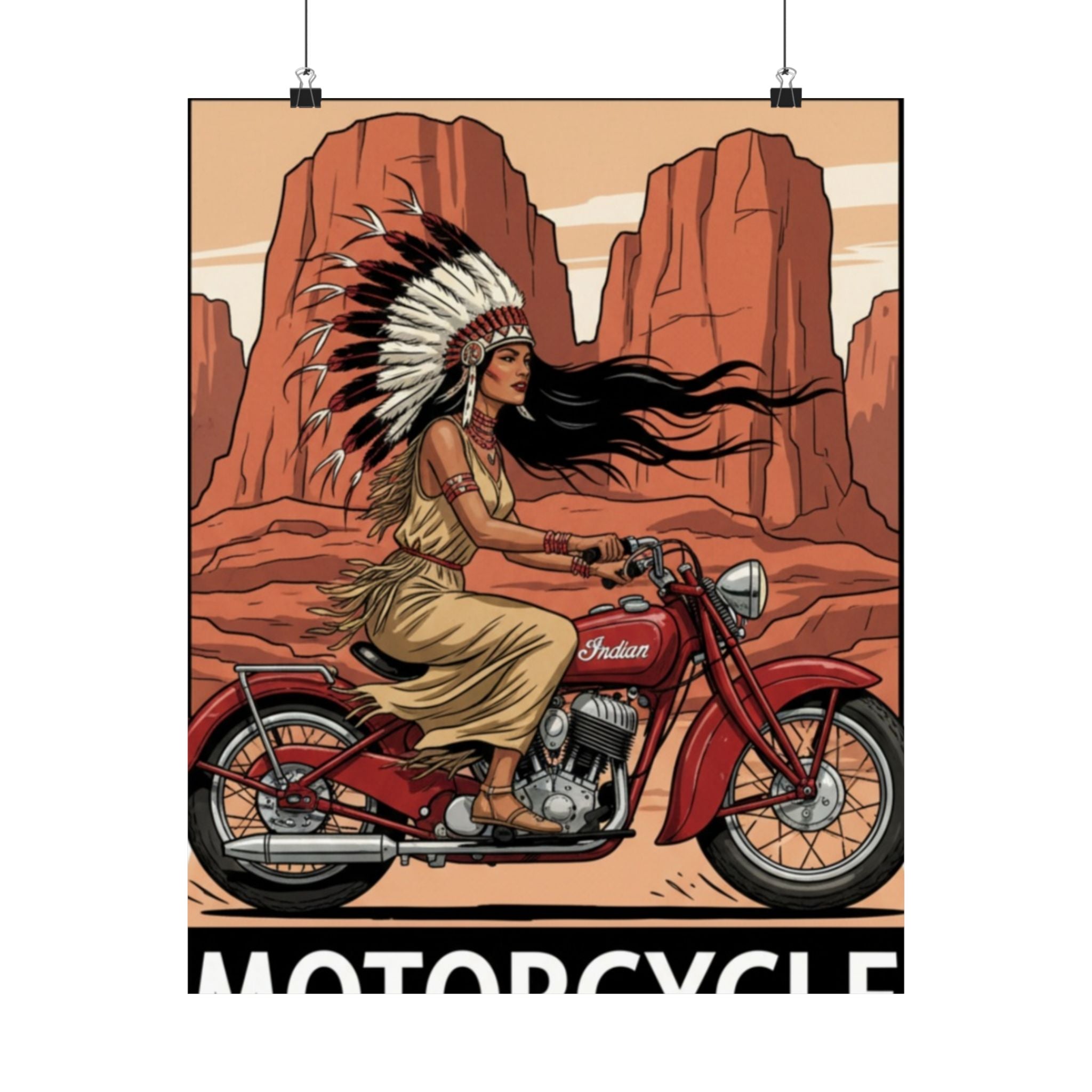 Motorcycle Vintage Poster — Native Woman on Red Indian Bike Matte Vertical Art Print