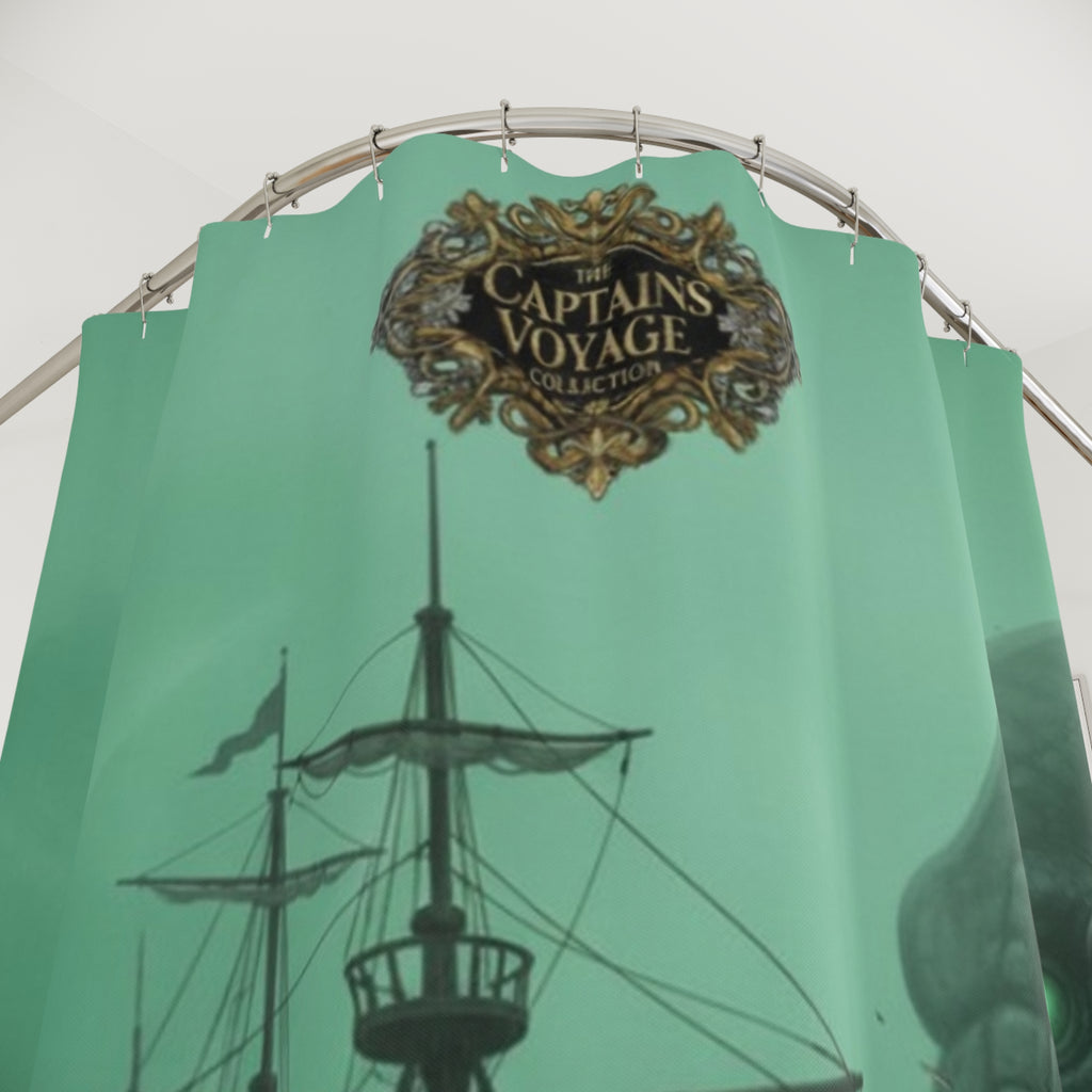 Shower Curtain — Nautical Kraken Shipwreck Bathroom Curtain (Green Sea Monster Design)