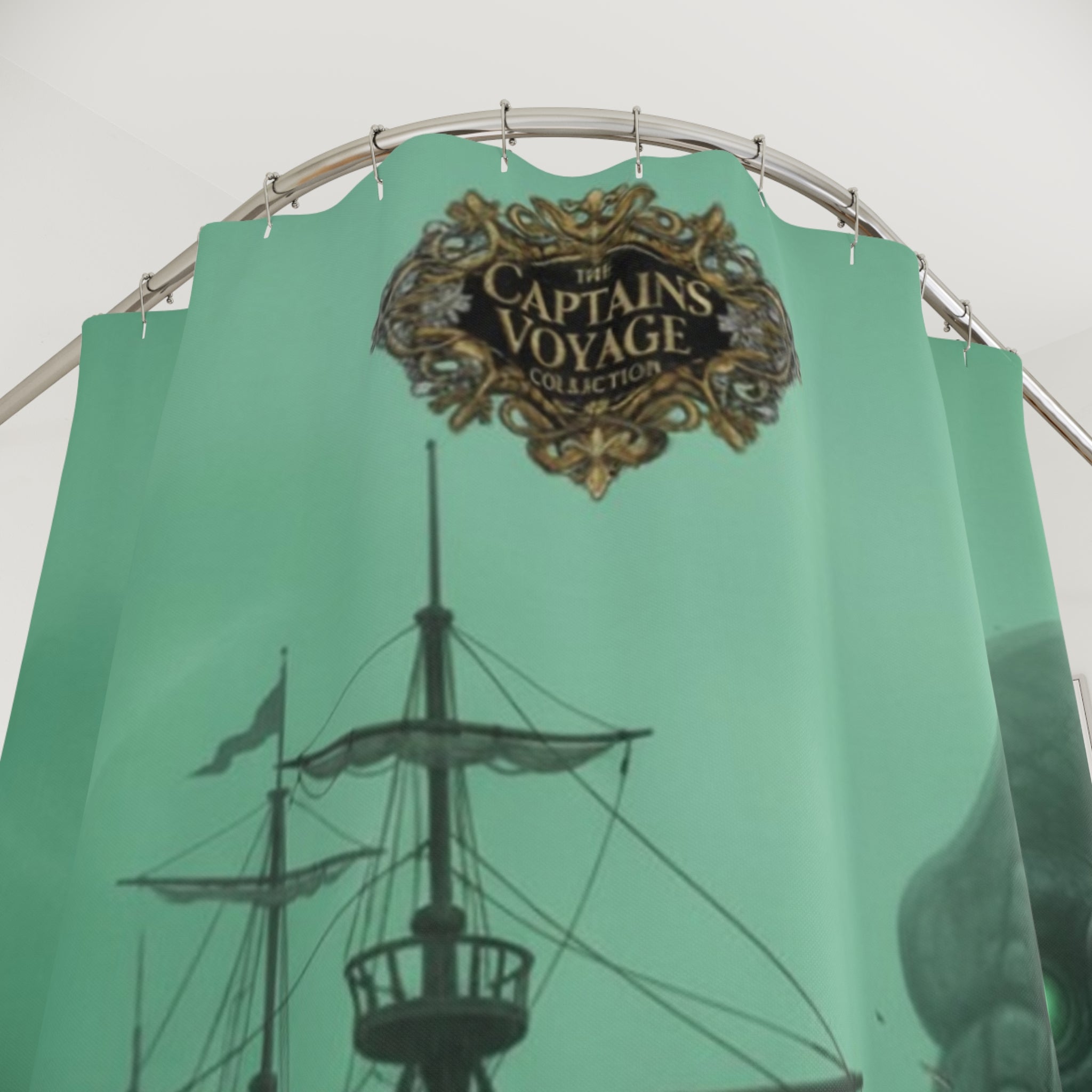 Shower Curtain — Nautical Kraken Shipwreck Bathroom Curtain (Green Sea Monster Design)