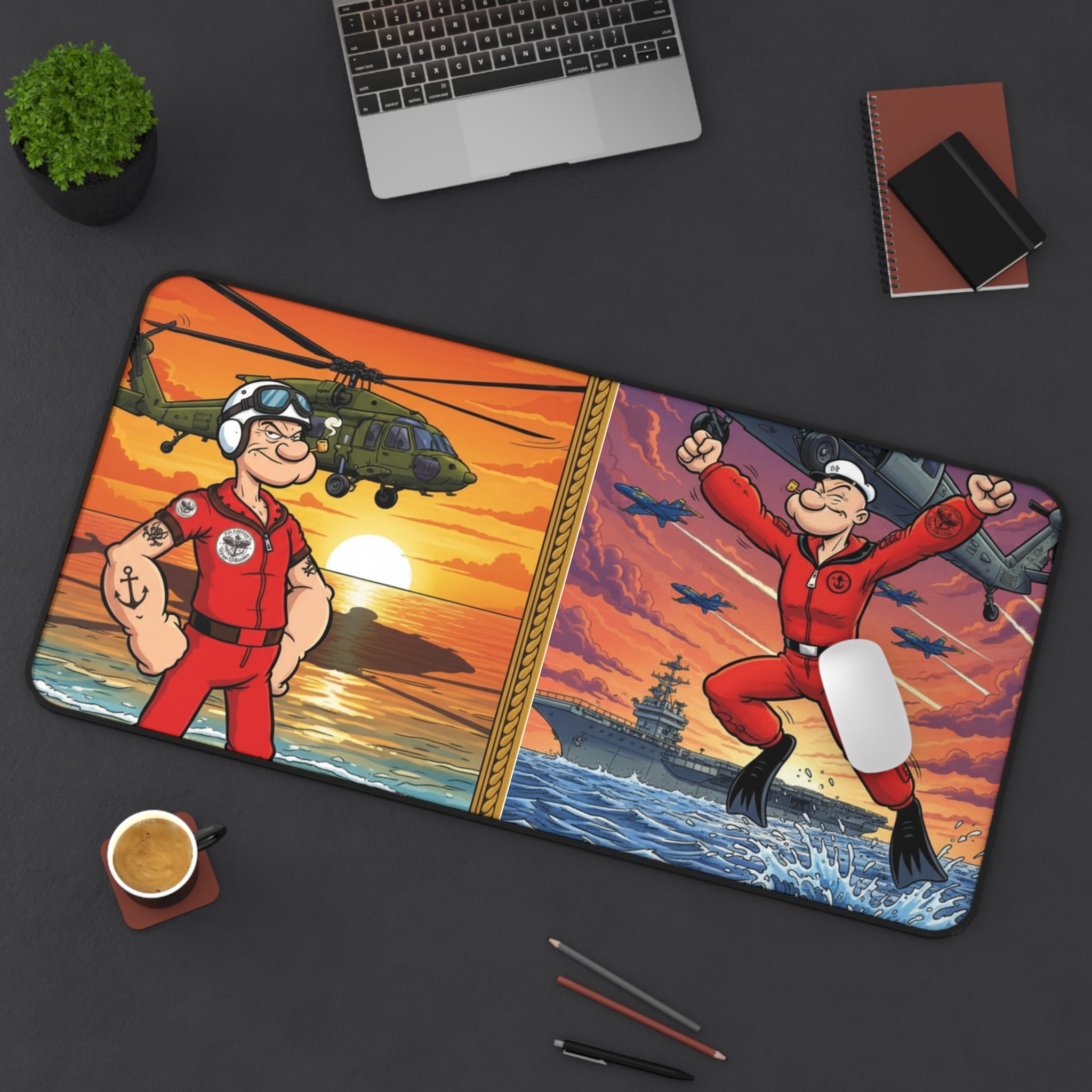 NAS Pensacola Rescue Swimmers Desk Mat — Vintage Helicopter & Carrier Artwork