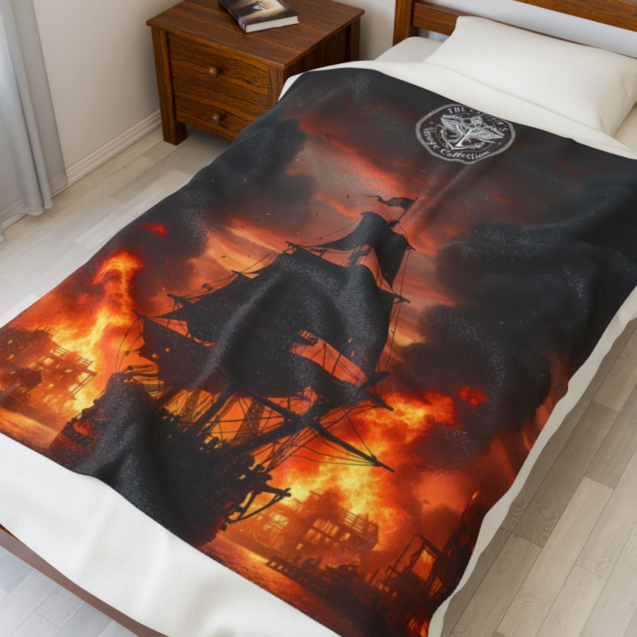 Pirate Ship on Fire Velveteen Plush Blanket — Dramatic Nautical Throw for Cozy Nights