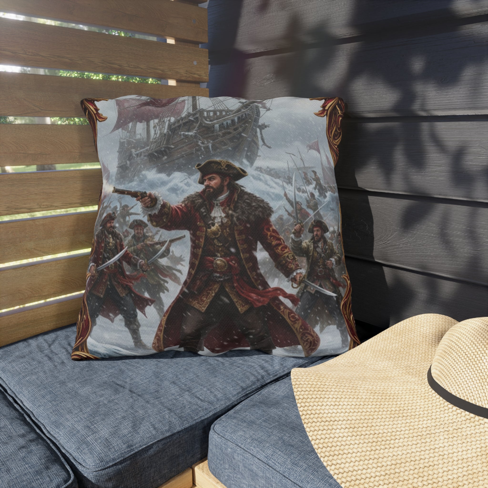 Nautical Pirate Captain Outdoor Pillow — Vintage Ship Anchor Voyage Accent Cushion
