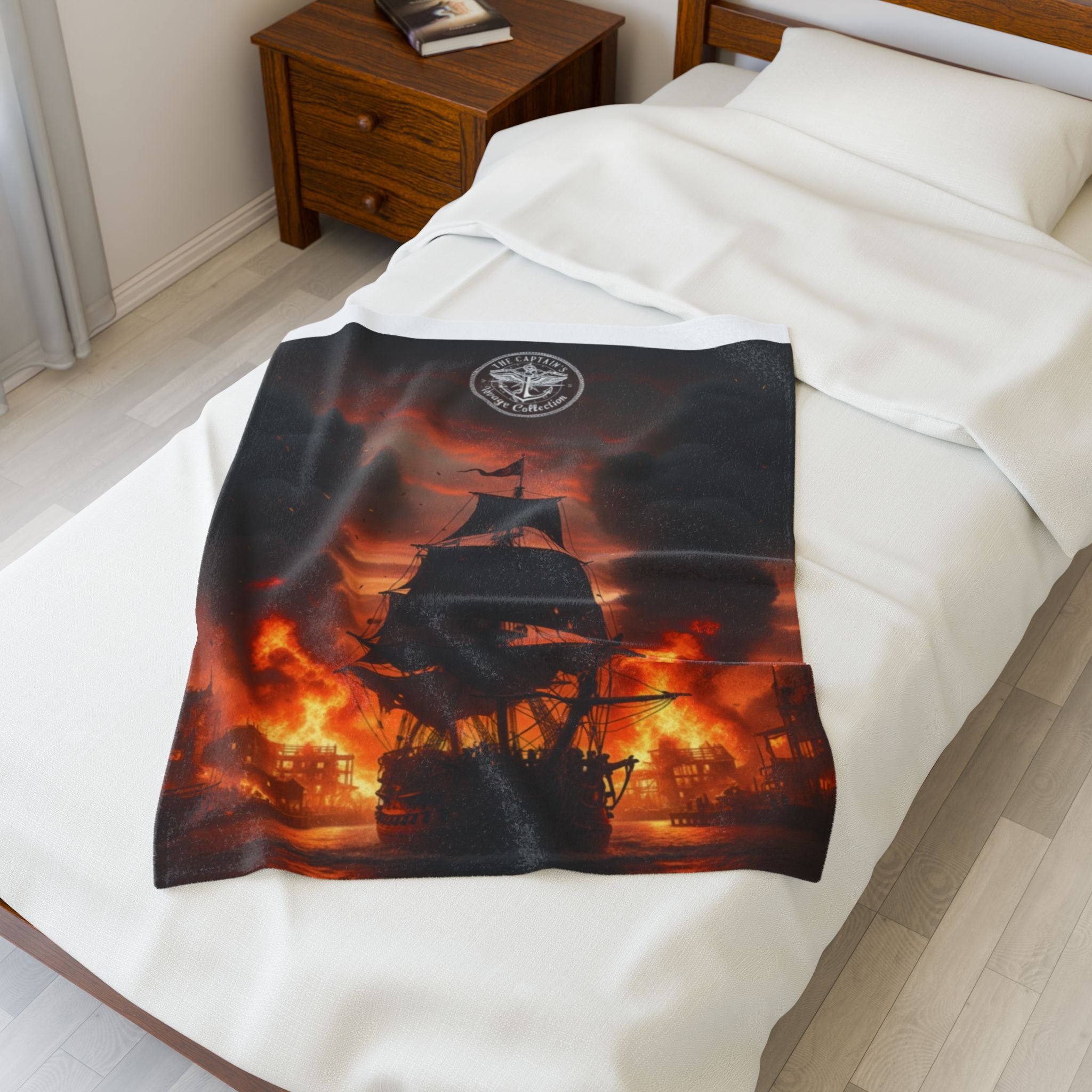 Pirate Ship on Fire Velveteen Plush Blanket — Dramatic Nautical Throw for Cozy Nights