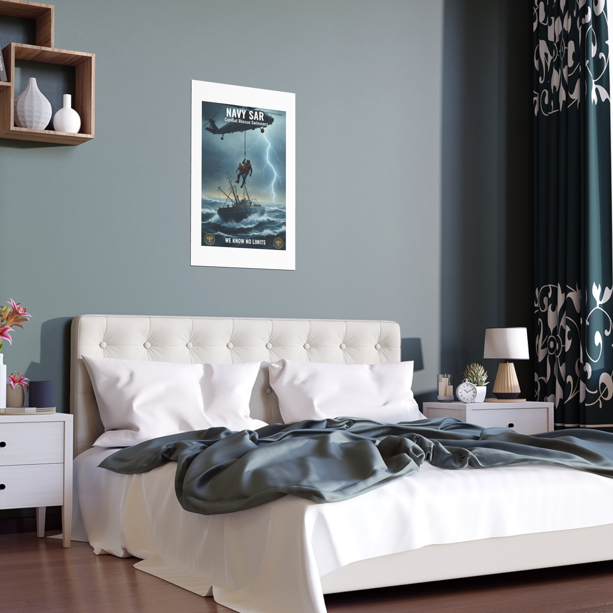 Rescue at Sea Silk Poster — Storm Helicopter Lifesaver Wall Art (Indoor/Outdoor)