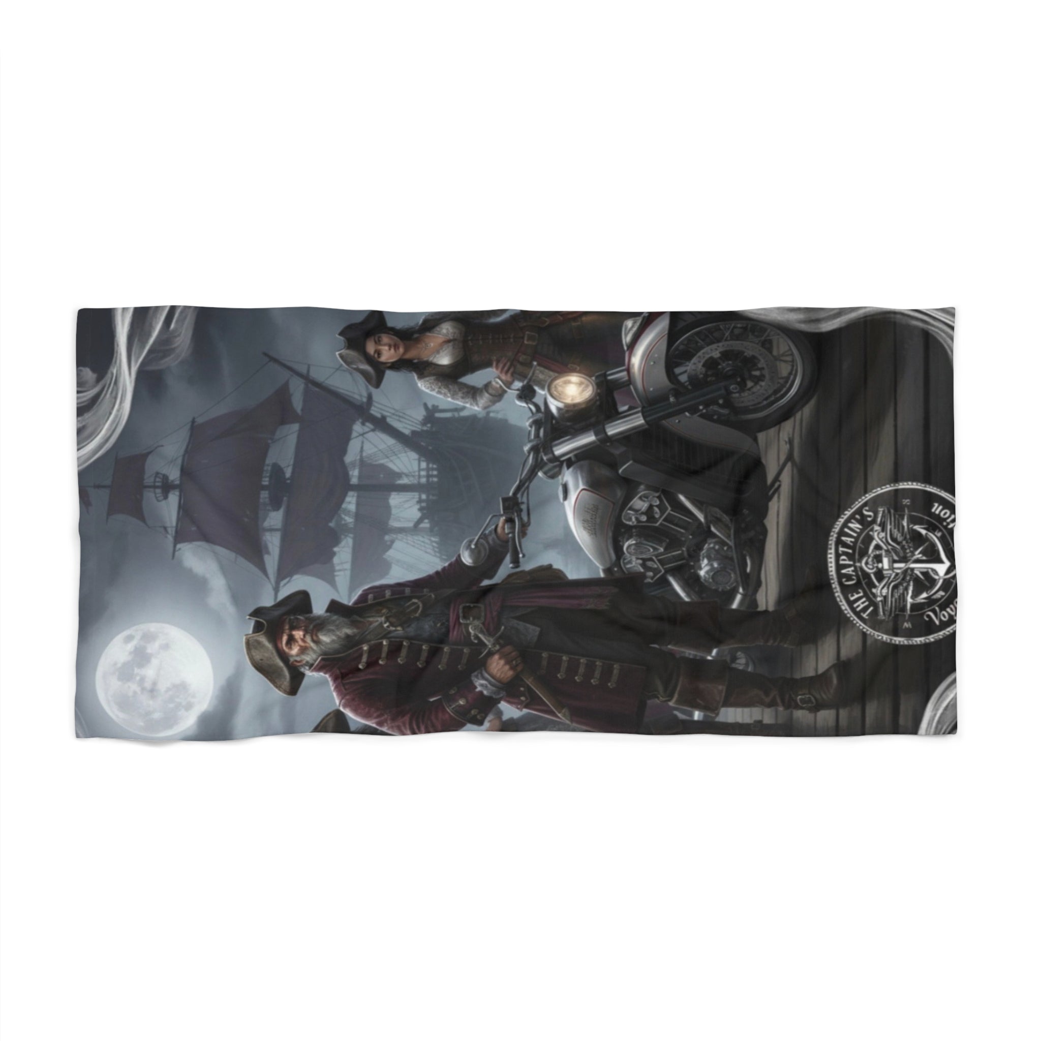 Pirate Night Beach Towel — Gothic Captain & Ship Scene