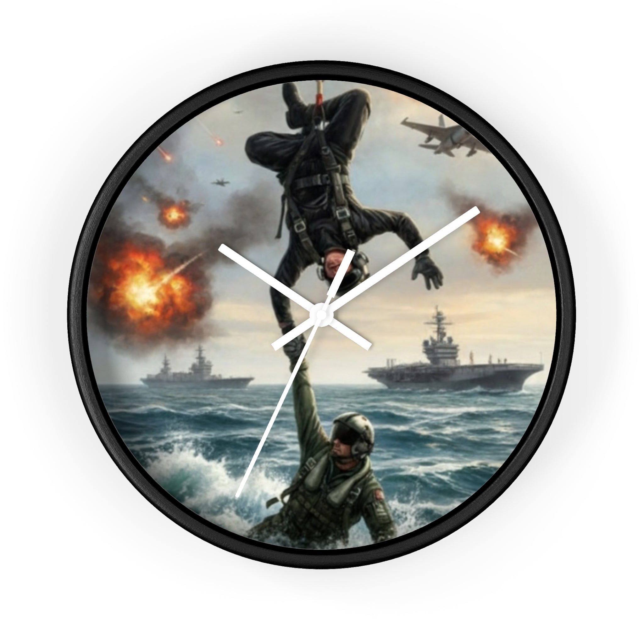 Military Rescue Wall Clock — Navy Helicopter & Sailor Action Scene