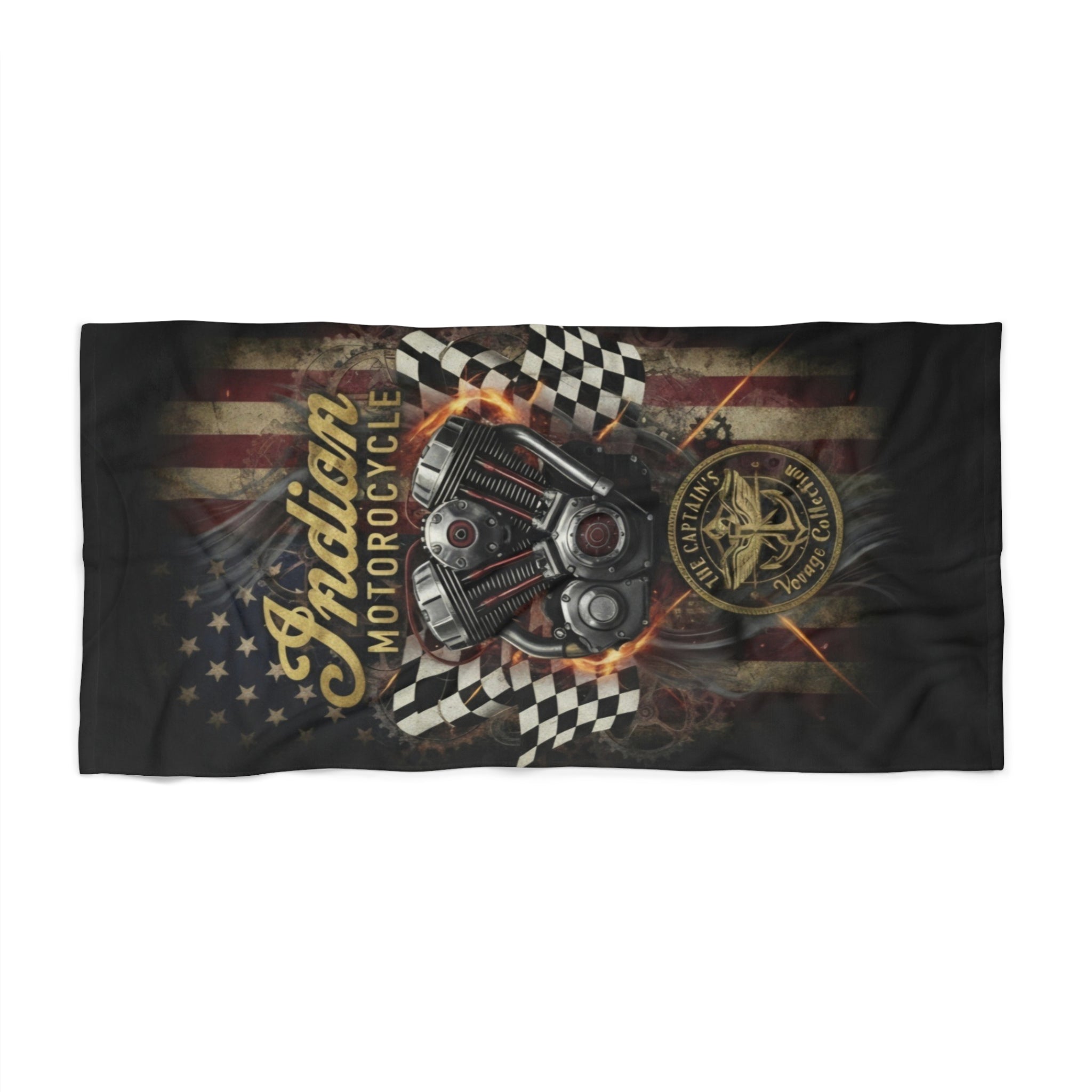 Indian Motorcycle Engine Beach Towel — Vintage American Flag Racing Design