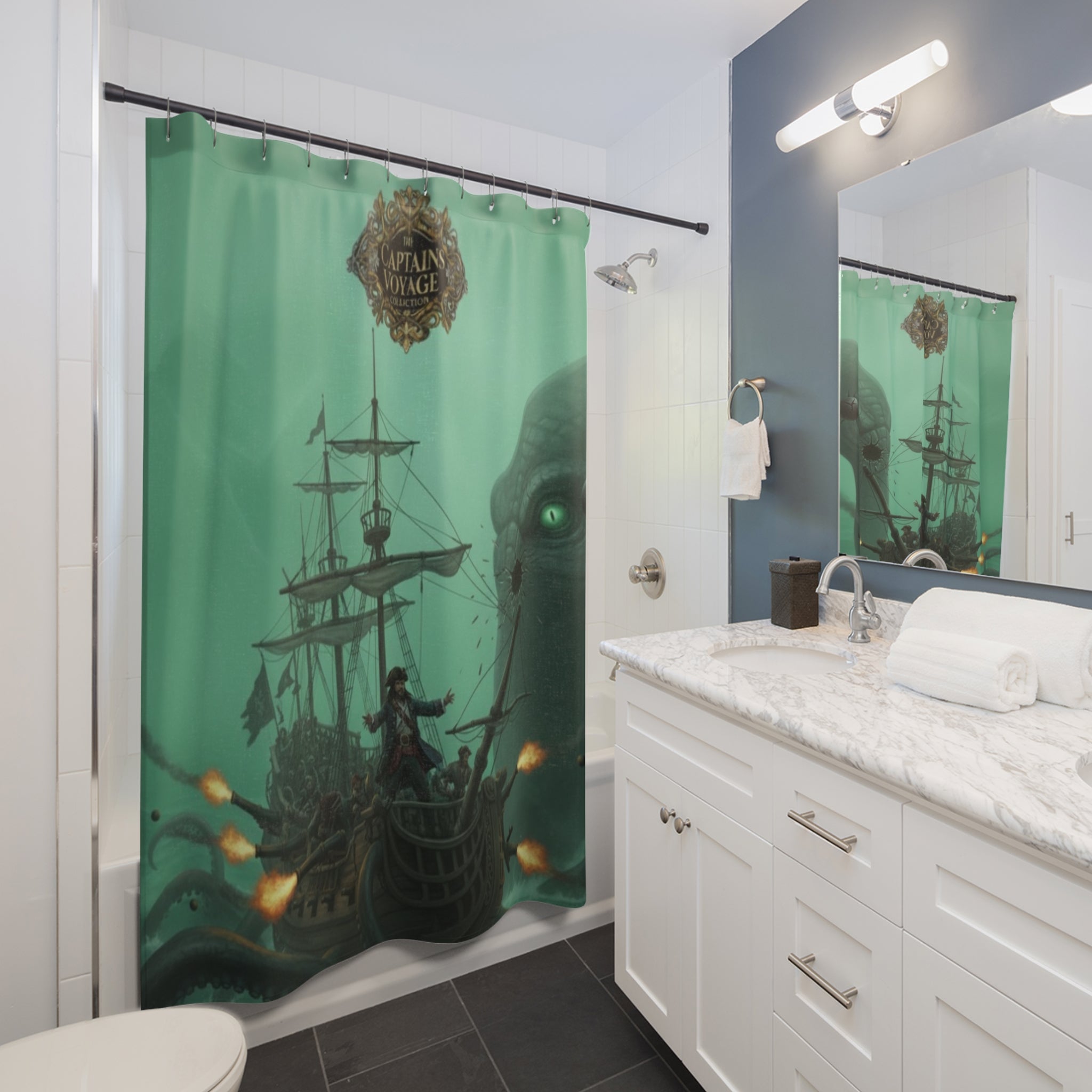 Shower Curtain — Nautical Kraken Shipwreck Bathroom Curtain (Green Sea Monster Design)