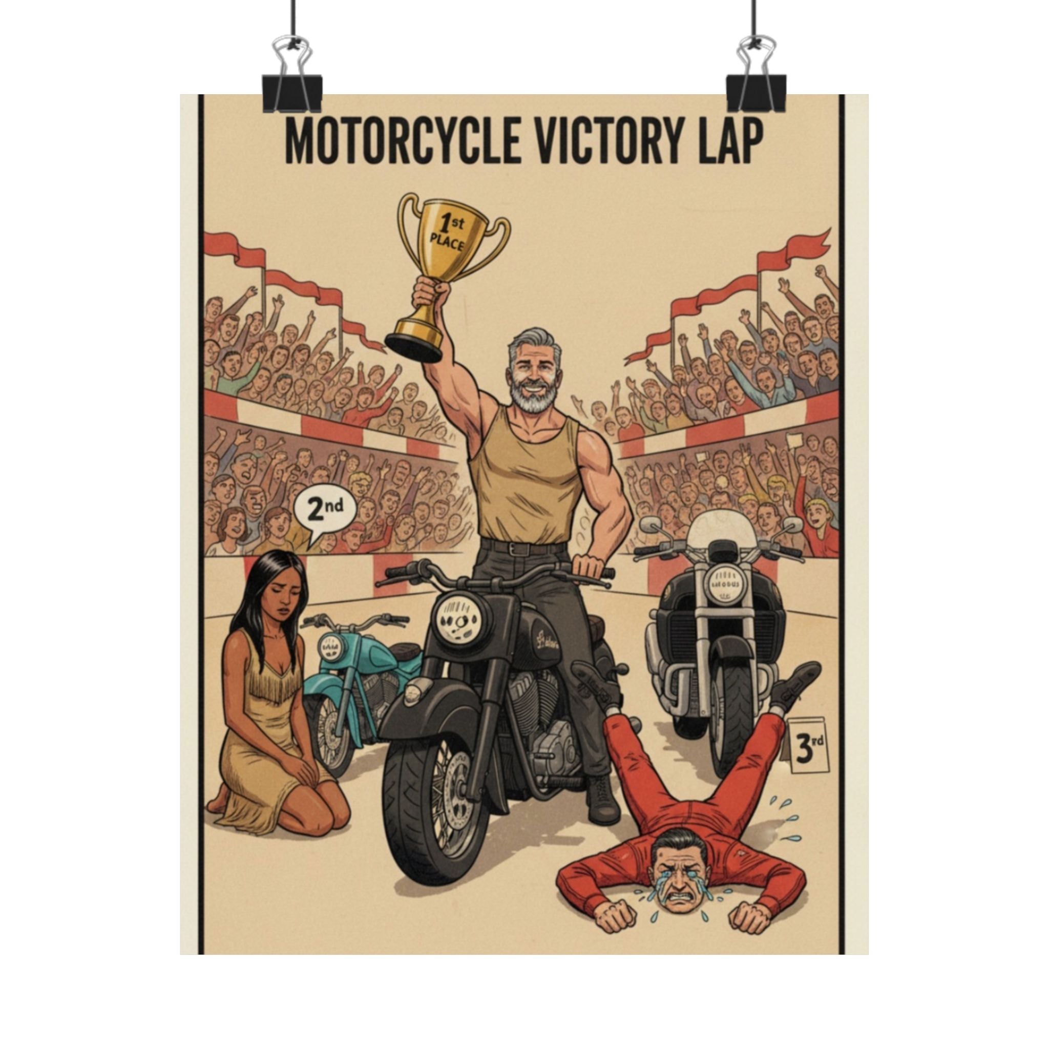Motorcycle Victory Lap Poster — Retro Biker Triumph Matte Vertical Art