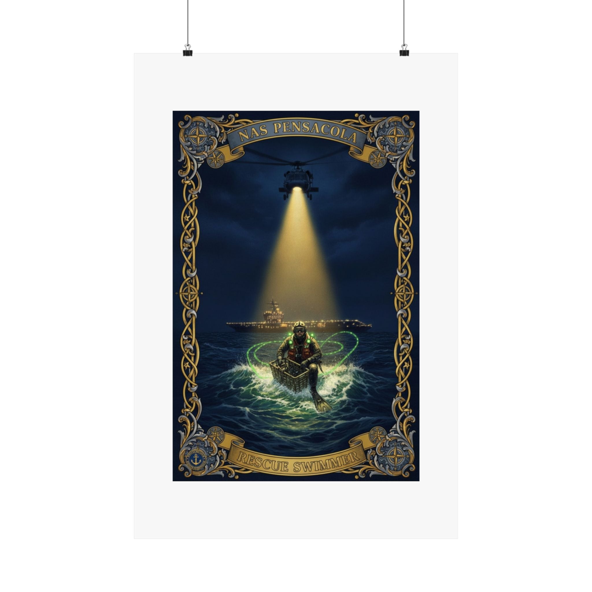 Nautical Rescue Matte Poster — Lighthouse Search & Shipwreck Scene