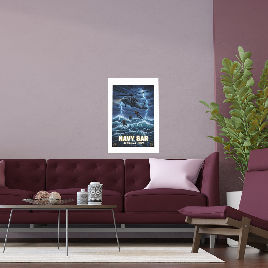 Navy SAR Silk Poster — "Knows No Limits" Rescue Helicopter Art (Indoor/Outdoor)