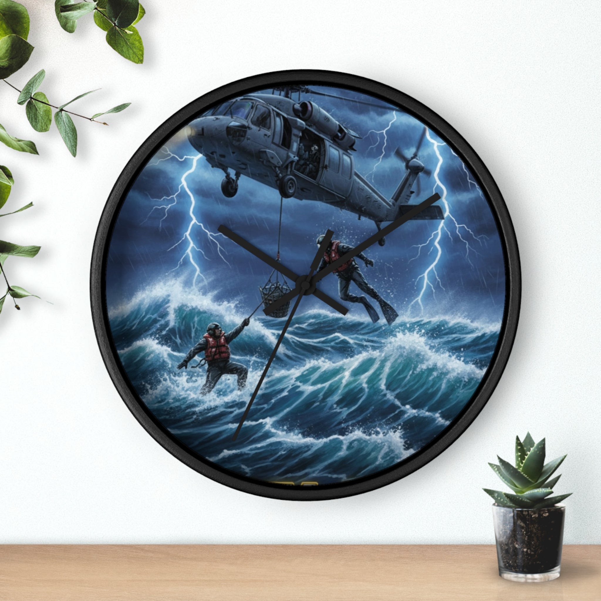 Rescue Helicopter Storm Wall Clock — Search & Rescue Ocean Scene