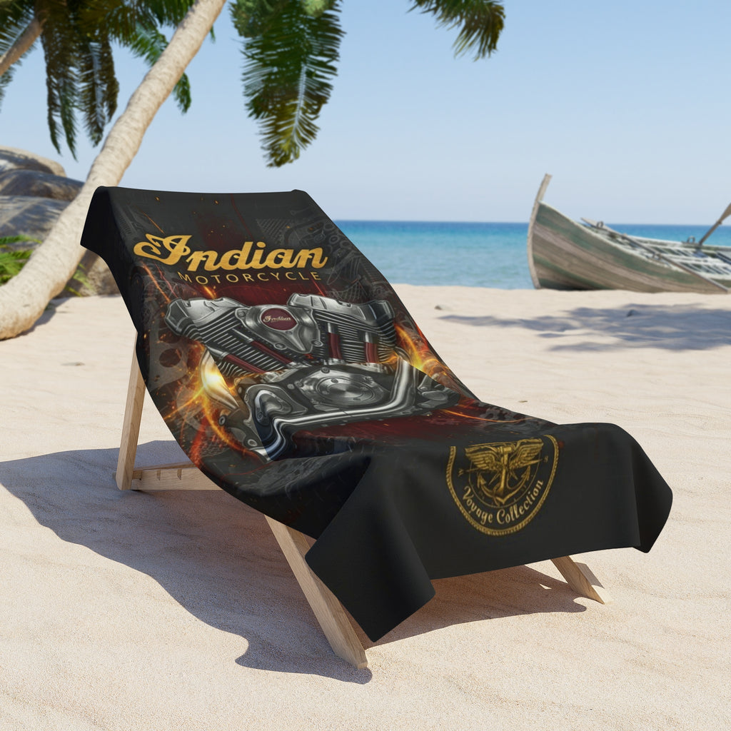 Indian Motorcycle Engine Beach Towel — Vintage Biker Beach Towel with Flaming V-Twin Design