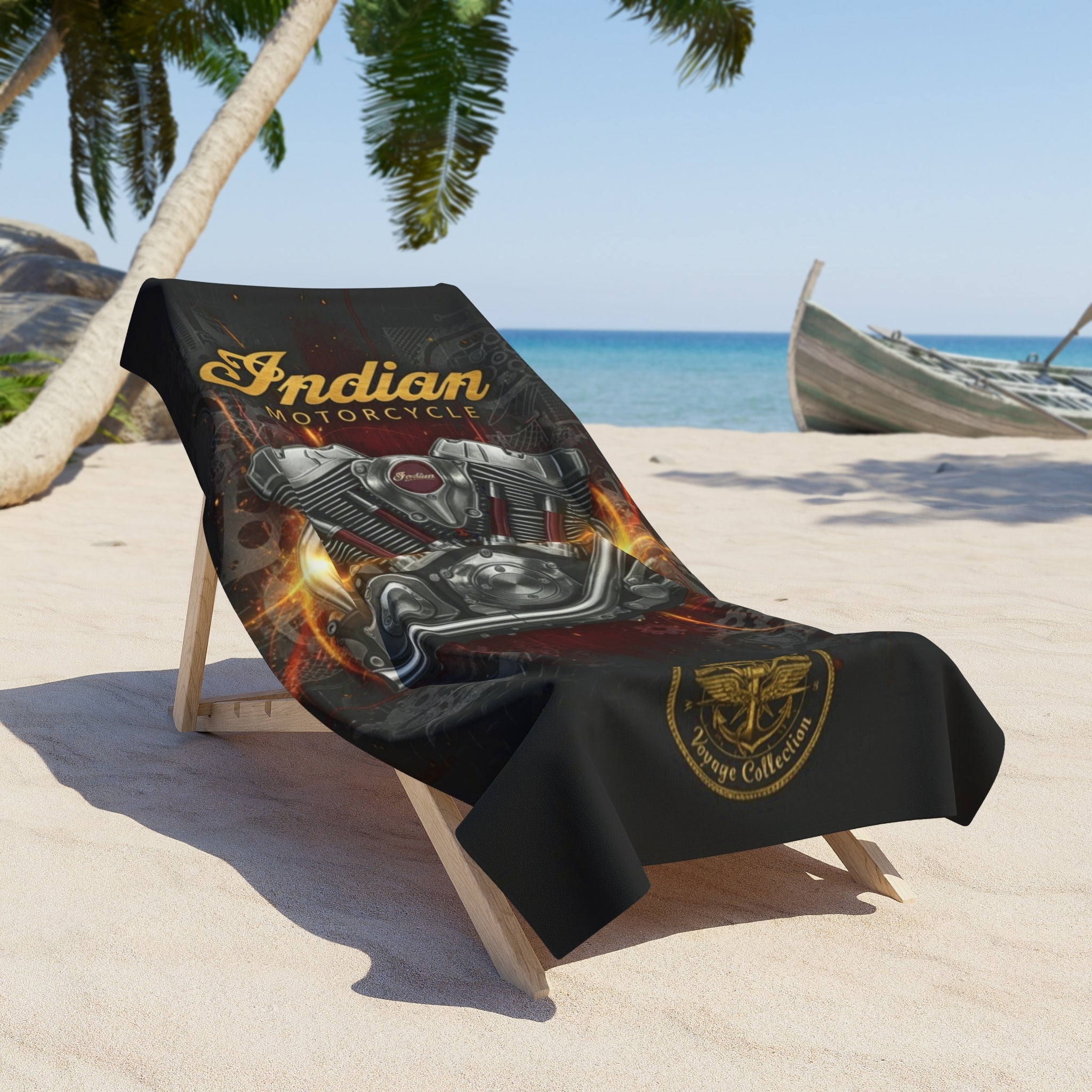 Indian Motorcycle Engine Beach Towel — Vintage Biker Beach Towel with Flaming V-Twin Design