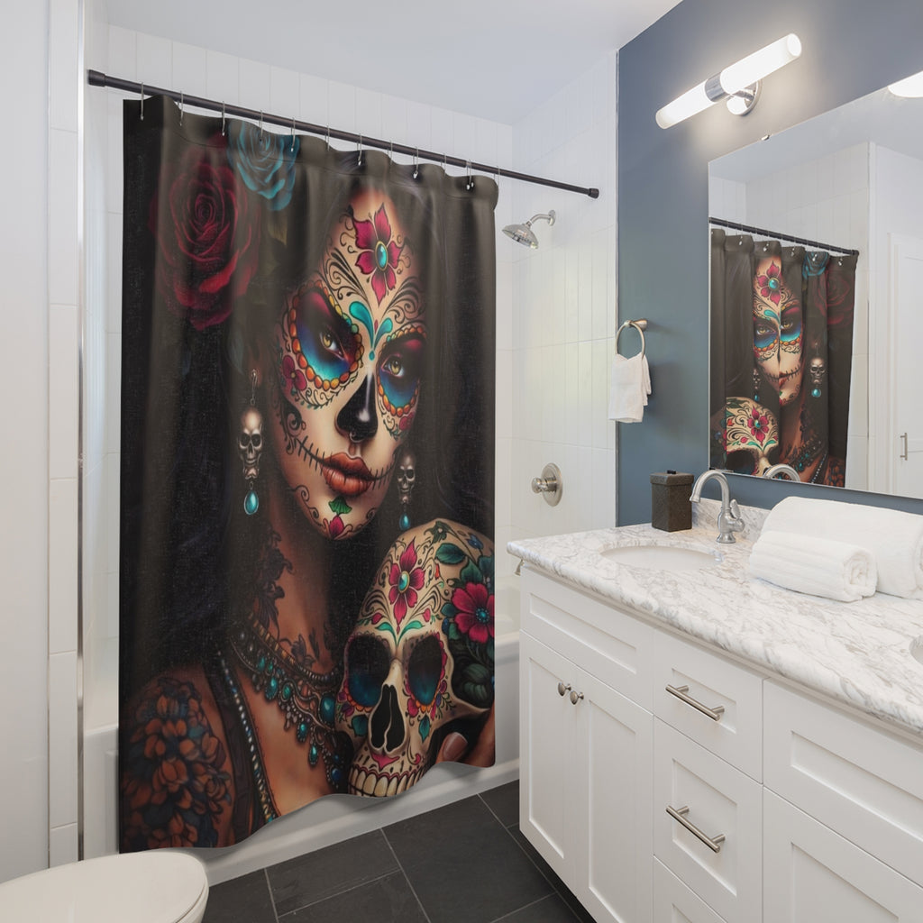 Day of the Dead Sugar Skull Shower Curtain – Floral Catrina Bathroom Decor