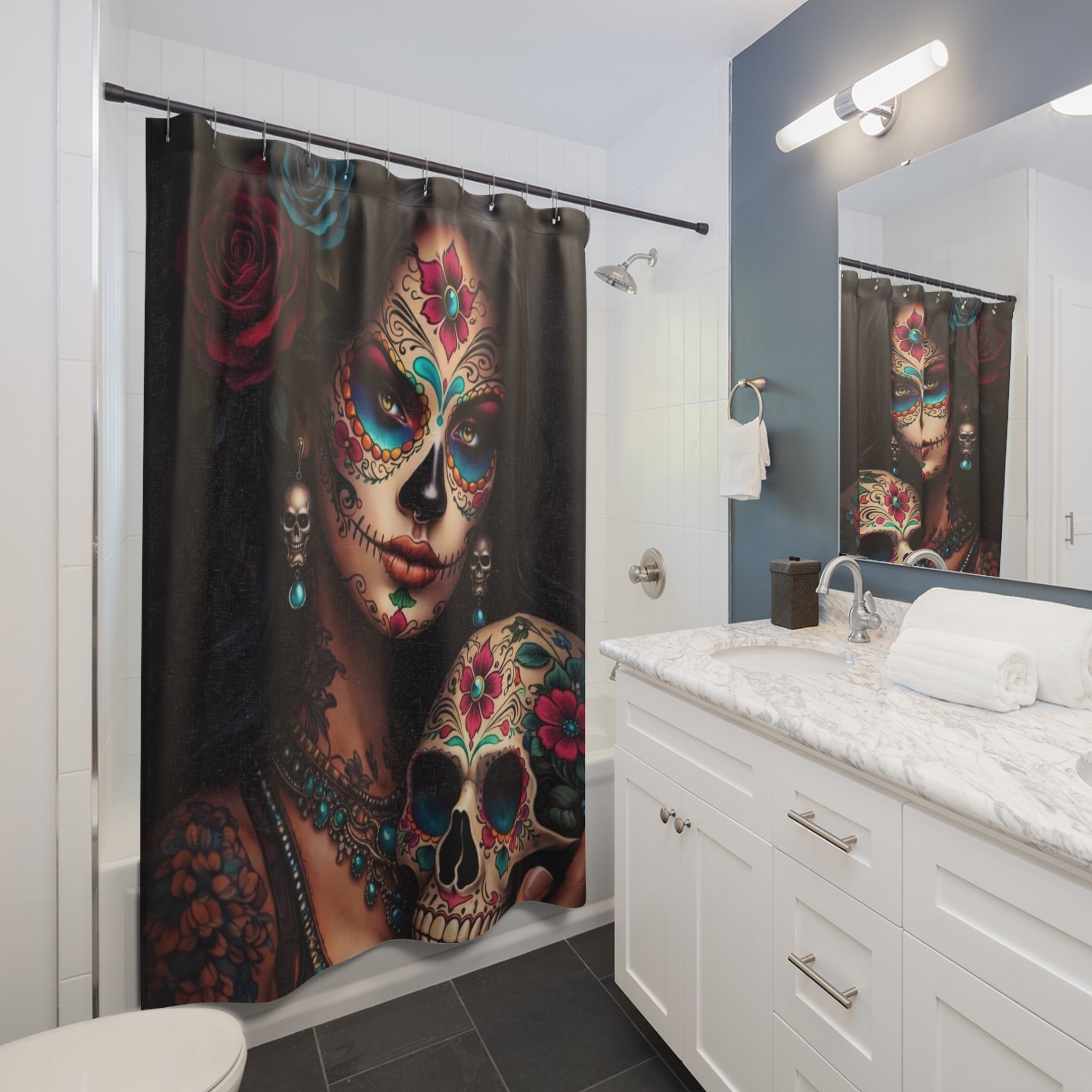 Day of the Dead Sugar Skull Shower Curtain – Floral Catrina Bathroom Decor