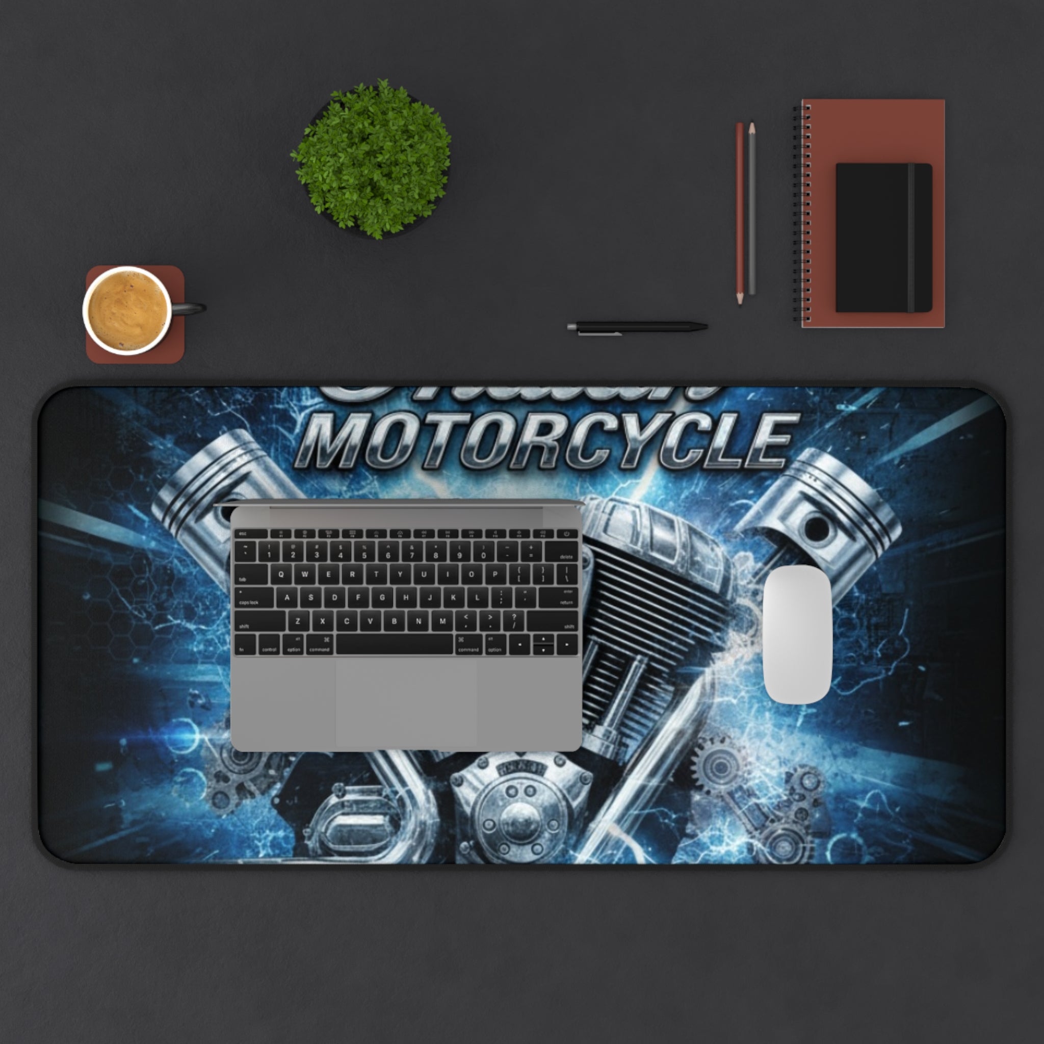 Indian Motorcycle Engine Desk Mat — Blue V-Twin Motor Graphic Mouse Pad