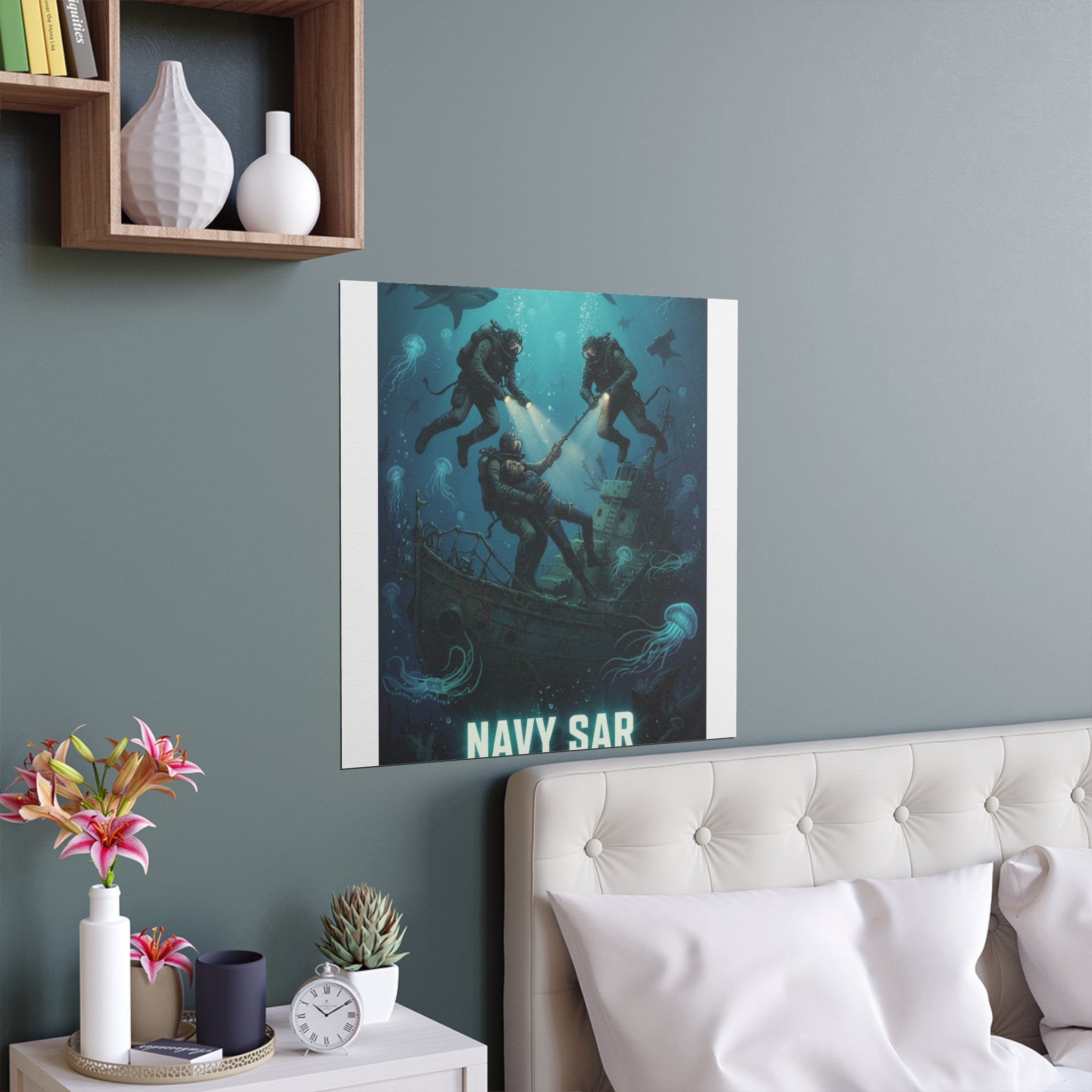 Navy SAR Silk Poster — 'Knows No Limits' Underwater Diver Rescue Art