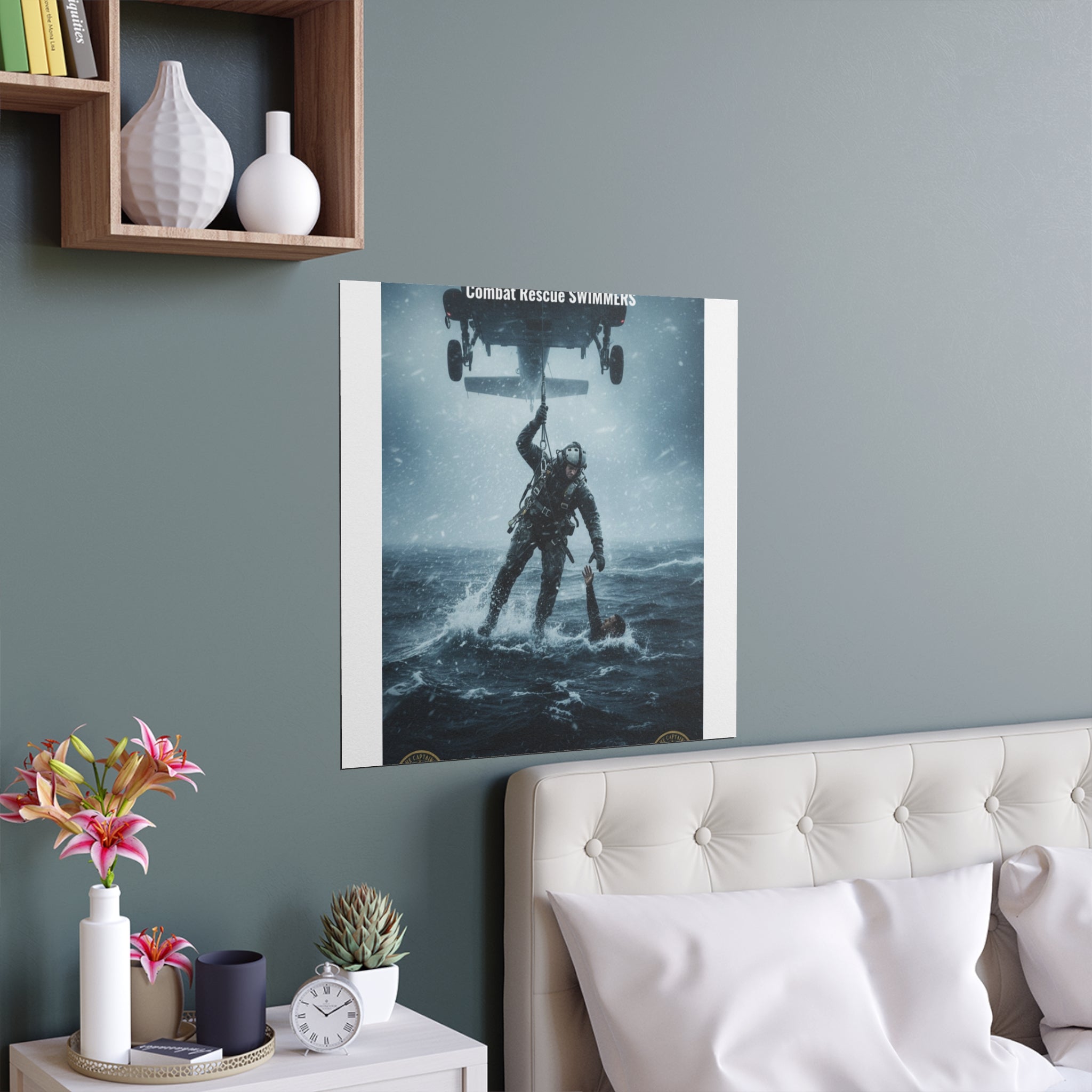 Rescue Diver Silk Poster – Dramatic Sea & Helicopter Wall Art (Indoor/Outdoor)
