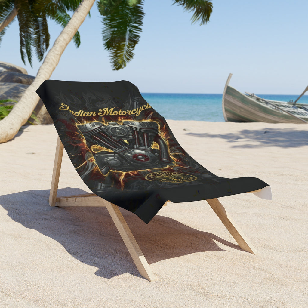 Indian Motorcycle Engine Beach Towel — Retro Biker Skull & V-Twin Design