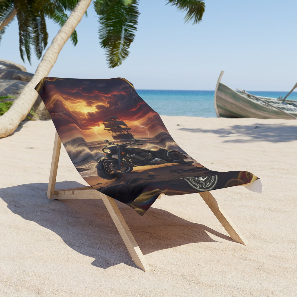 Biker Pirate Ship Beach Towel — Motorcycle Skull & Ship Sunset Coast Design