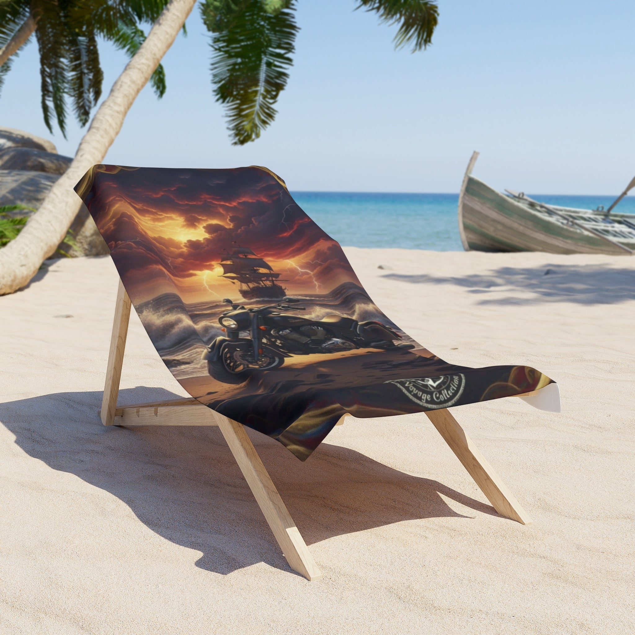 Biker Pirate Ship Beach Towel — Motorcycle Skull & Ship Sunset Coast Design