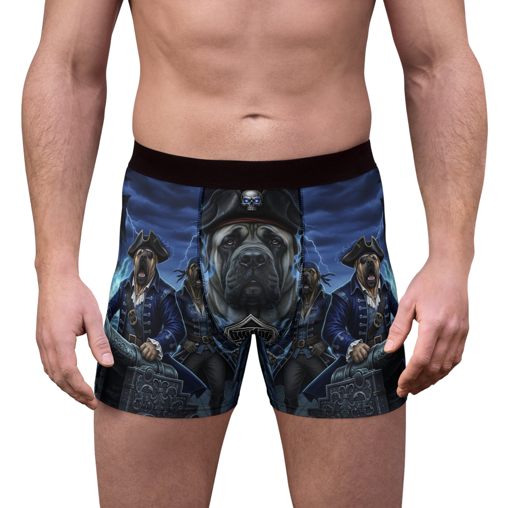 Pirate Mastiff Boxer Briefs — Biker Skull & Kraken All-Over Print