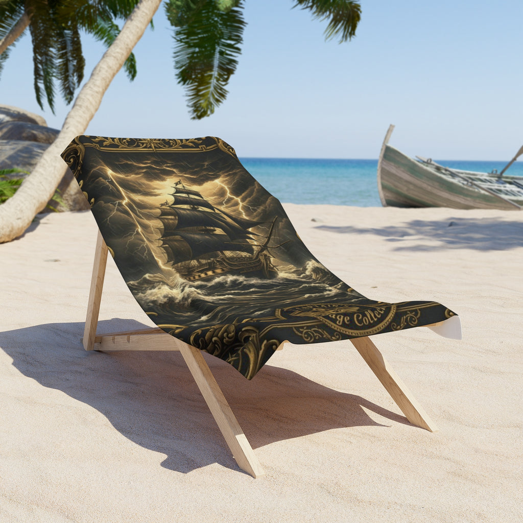 Nautical Storm Ship Beach Towel — Vintage Compass Sailboat Design