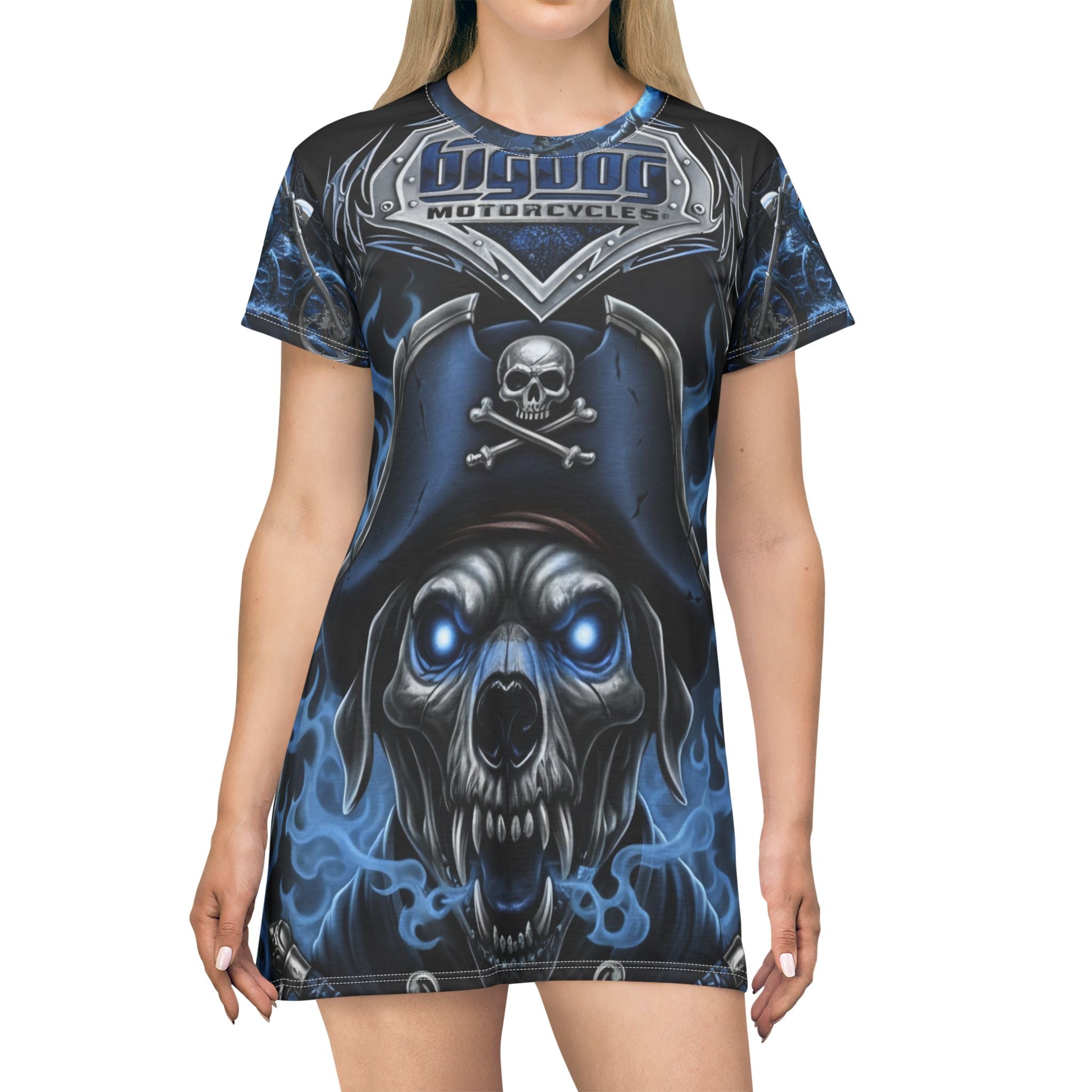 Skull Pirate T-Shirt Dress — Blue Flame Motorcycle Gothic Tee Dress