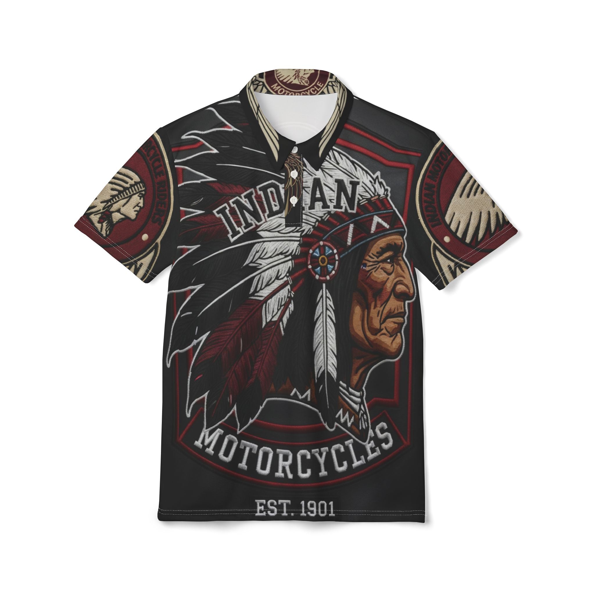 Indian Motorcycles Graphic Polo Shirt — Vintage Native Chief Motorcycle Design